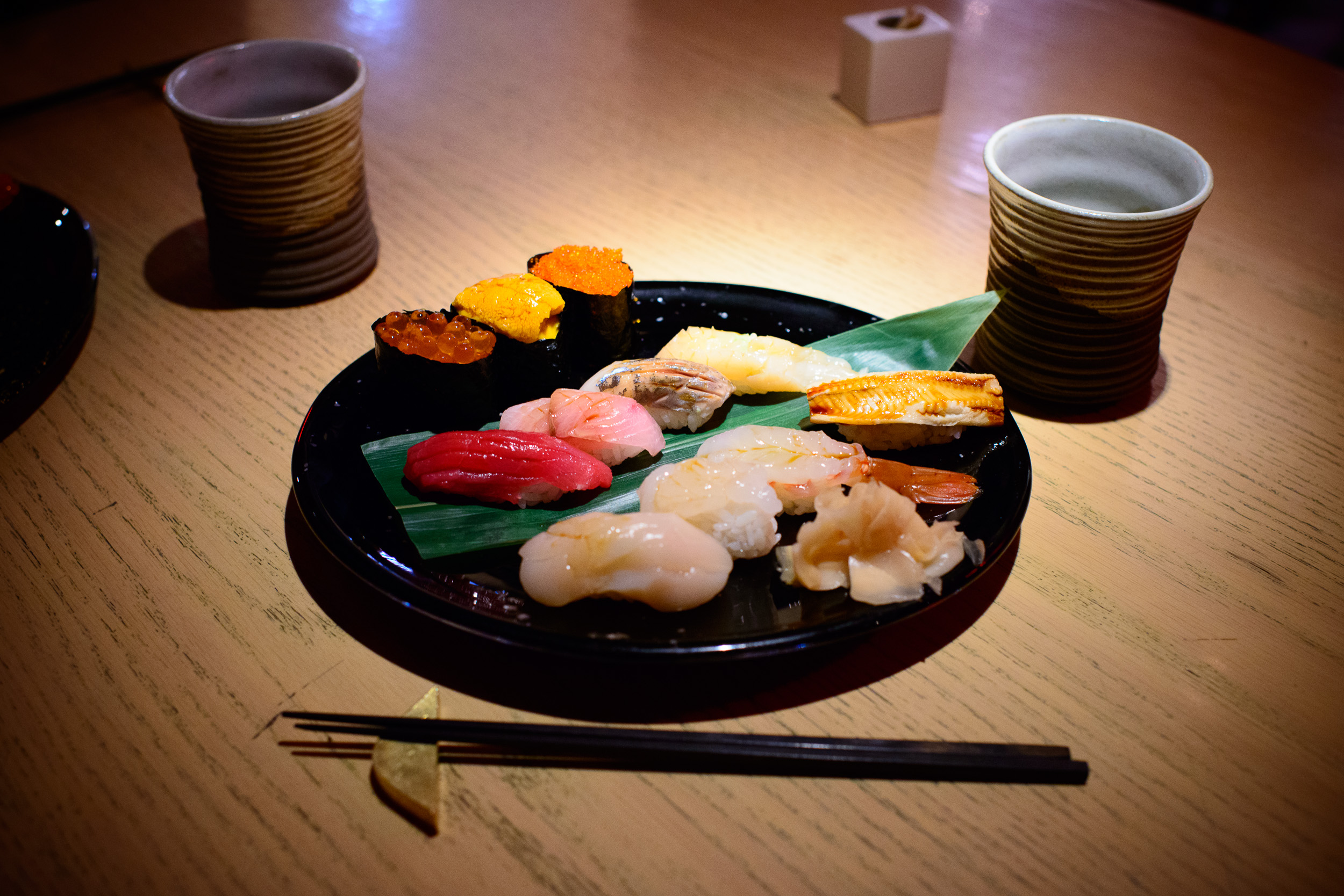 Assorted sushi: ikura, uni (santa barbara), tobiko, akami, buri,