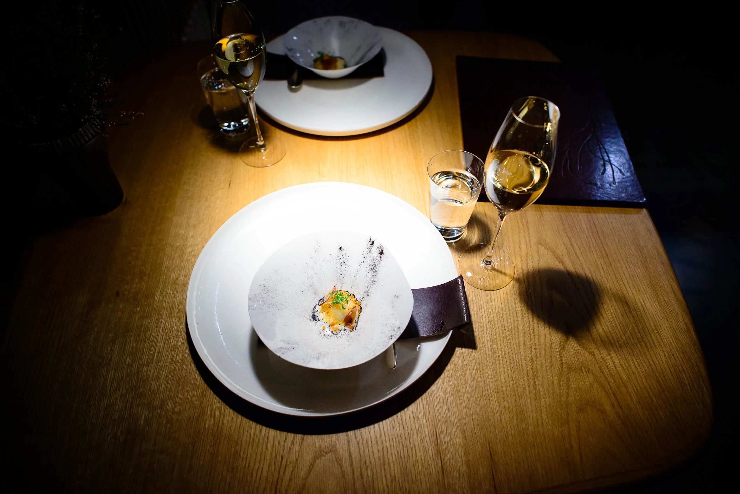 Baked quail egg with cream of bleak roe, 2-year aged chuck roll