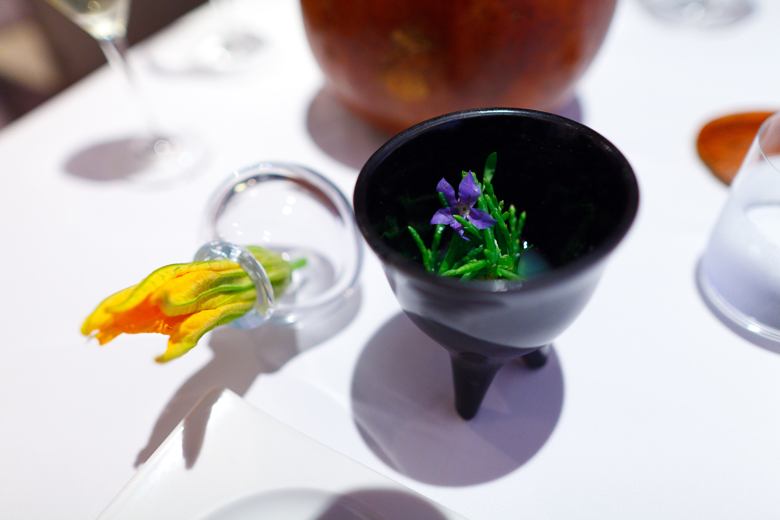 Amuse Bouche: Flor de calabaza rellena con frijol, chile serrano (squash blossom with refried beans and serrano), Salicornia, aguacate, pepino en aguachile