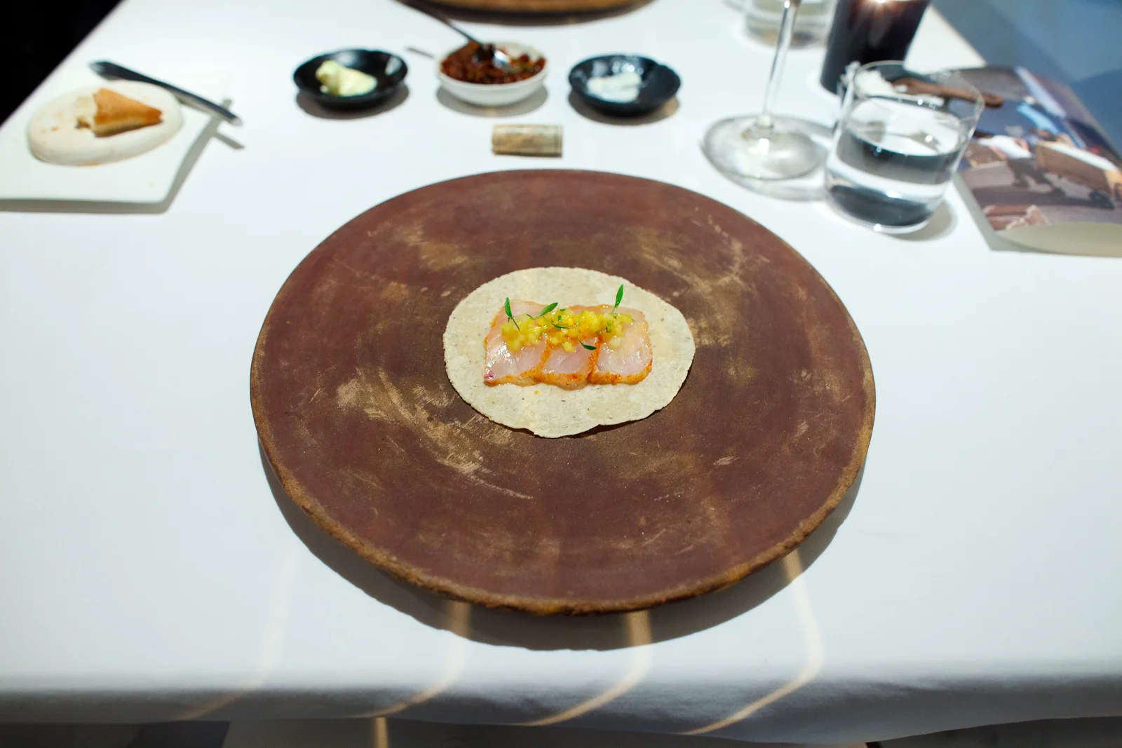 3rd Course: Taco de tataki de robalo al pastor, piña (Taco al pastor with snook, pineapple mayonaise)