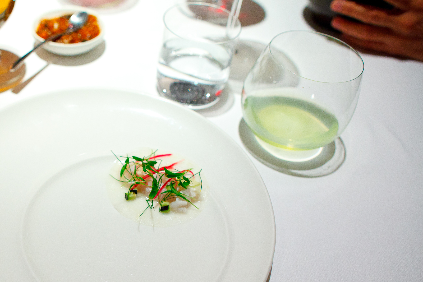 3rd Course: Cebiche de pescado marinado en jugo de coco y limón real en tortilla de jícama (ceviche in coconut milk and lemon in a jicama tortilla)