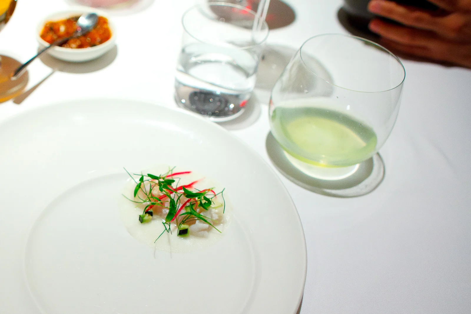 3rd Course: Cebiche de pescado marinado en jugo de coco y limón real en tortilla de jícama (ceviche in coconut milk and lemon in a jicama tortilla)
