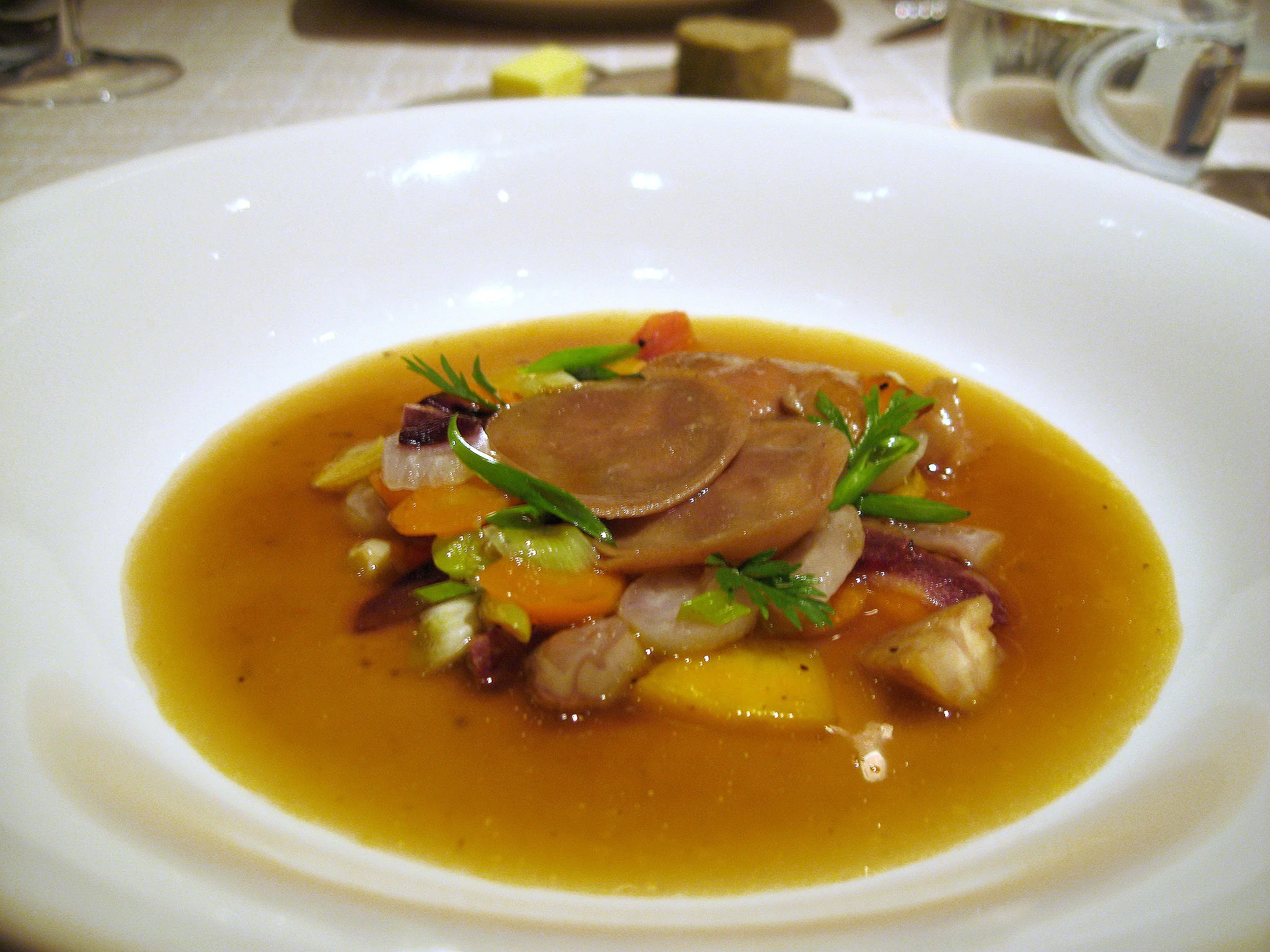 Beige, Tokyo - Foie gras chestnut flour ravioli, sauteed vegetables, duck bouillon
