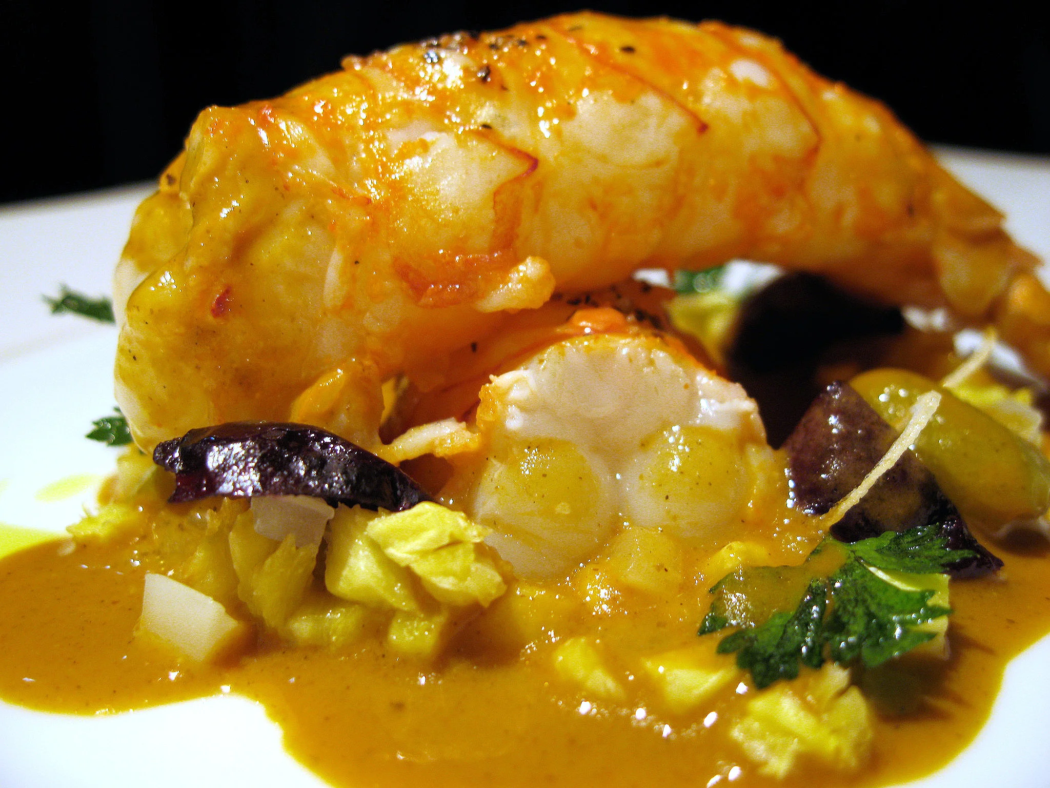 Beige, Tokyo - Langoustines roasted with black pepper, celery/pineapple flavoured in a coco/curry sauce.