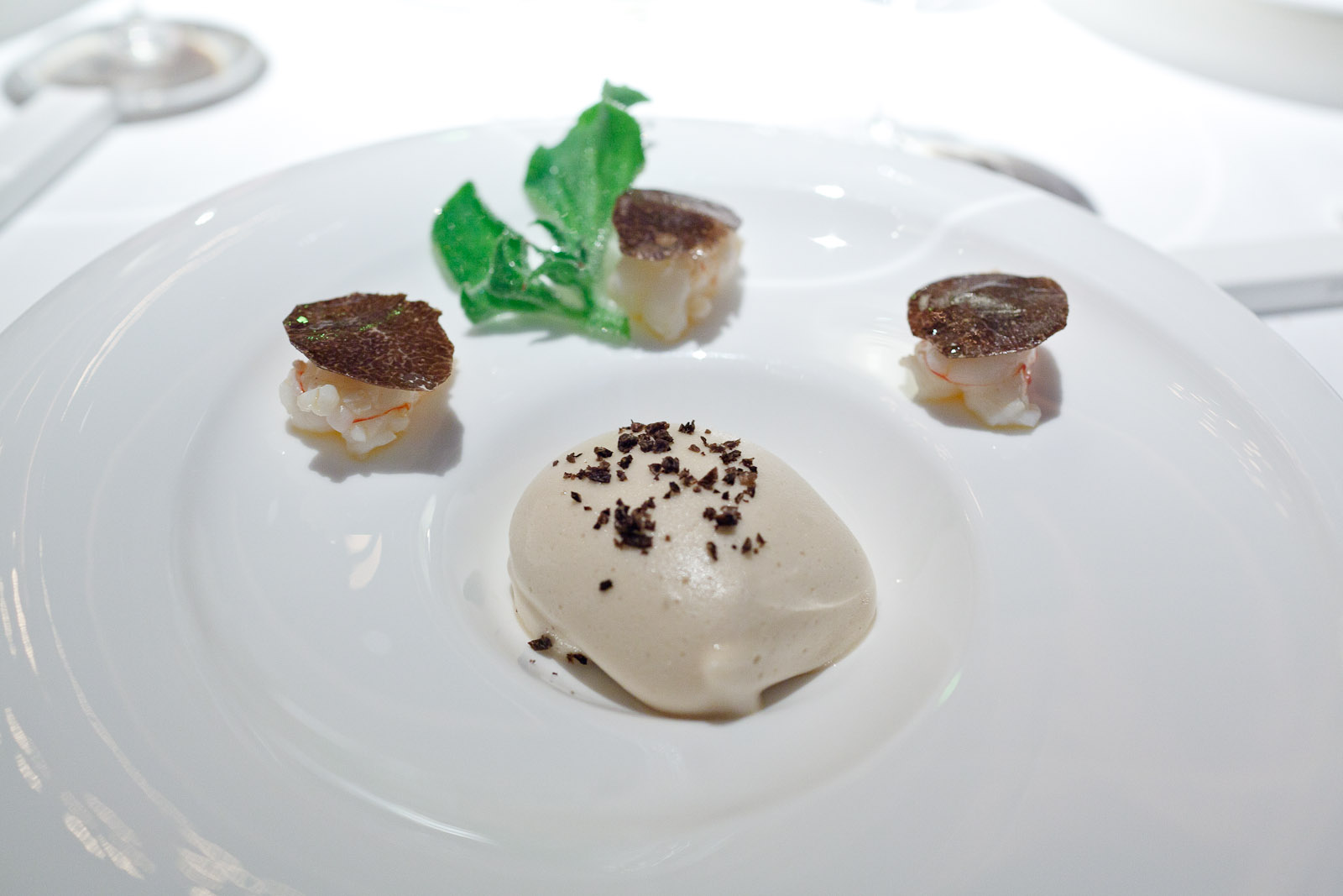 Pierre Gagnaire, Tokyo - Langoustine salpicon with melanosporum black truffles, Shellfish wurtz, ice plant, and Japanese pearls