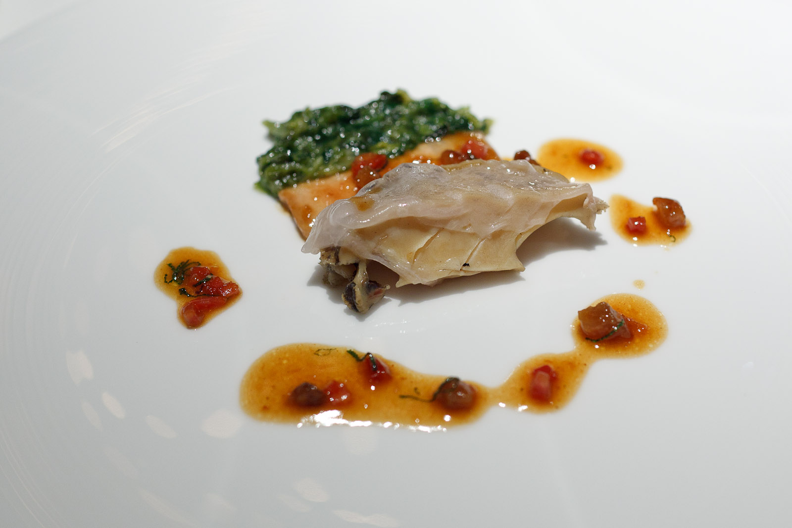 Pierre Gagnaire, Tokyo - Abalone and Meishan ham grilled with sage, braised lettuce heart, chorizo, and crispy lard