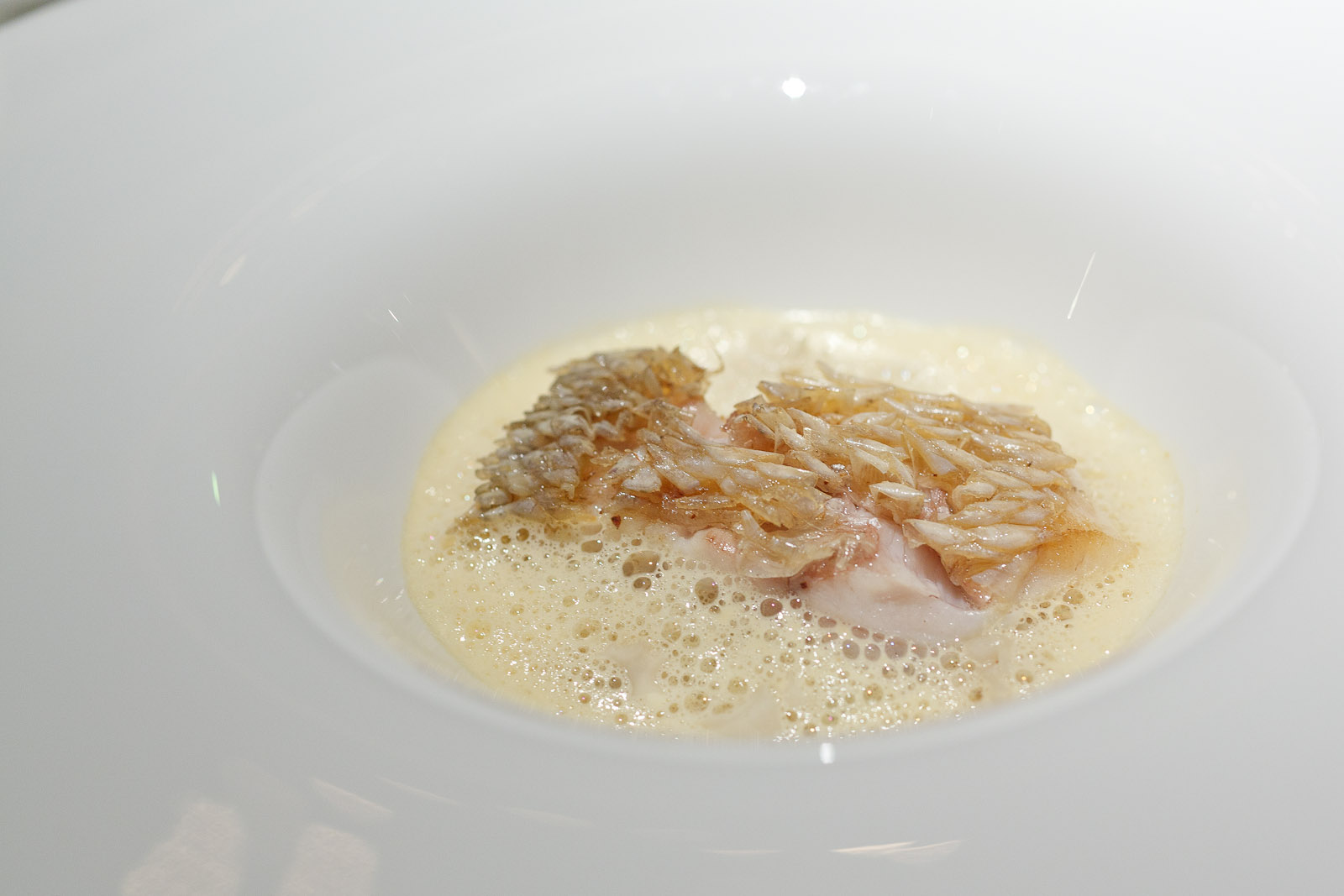 Pierre Gagnaire, Tokyo - Roasted Amadai snapper with crispy scales, sea urchon veloute with mushrooms