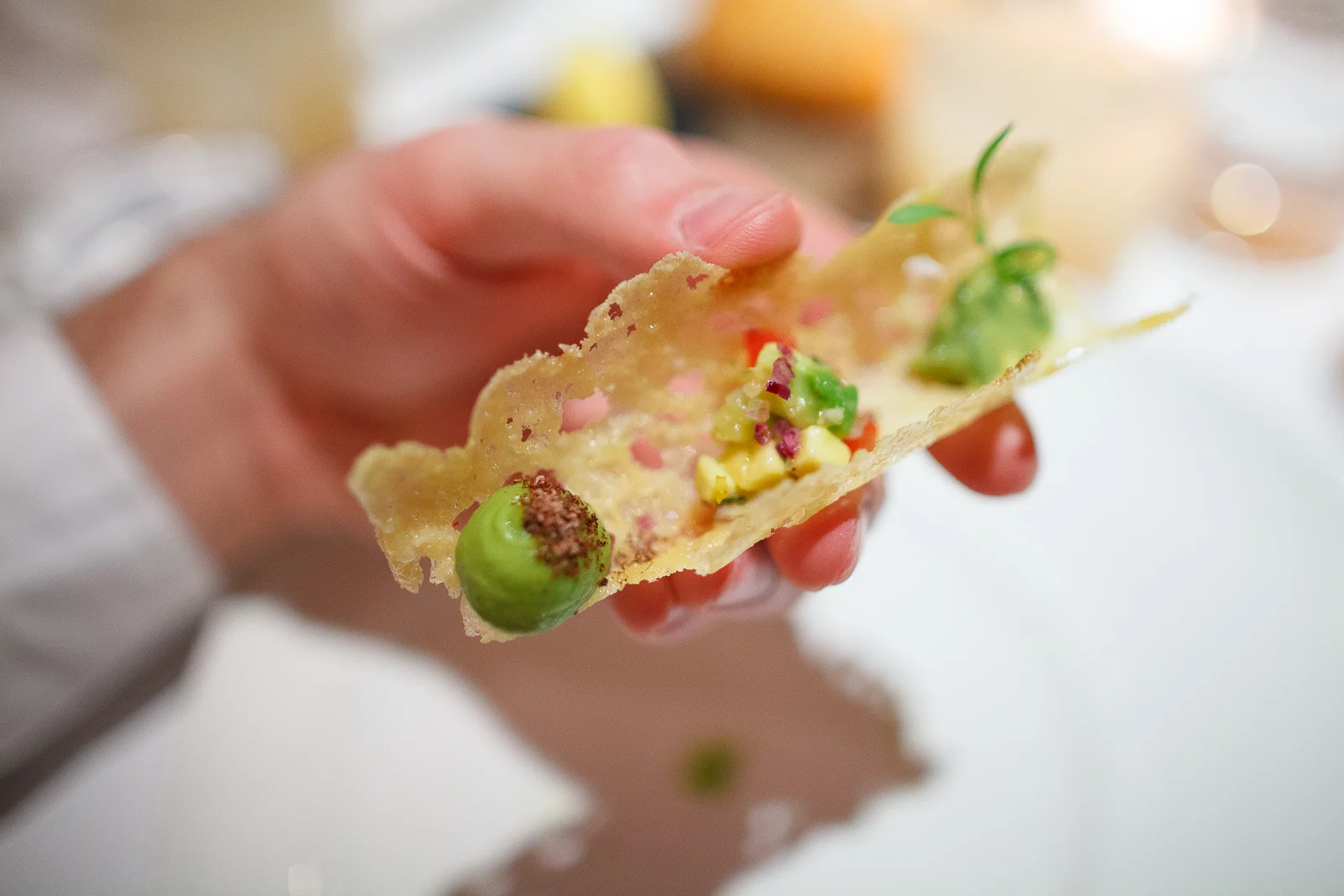 1st Course: Taco de chicharrón de queso con guacamole y chile s