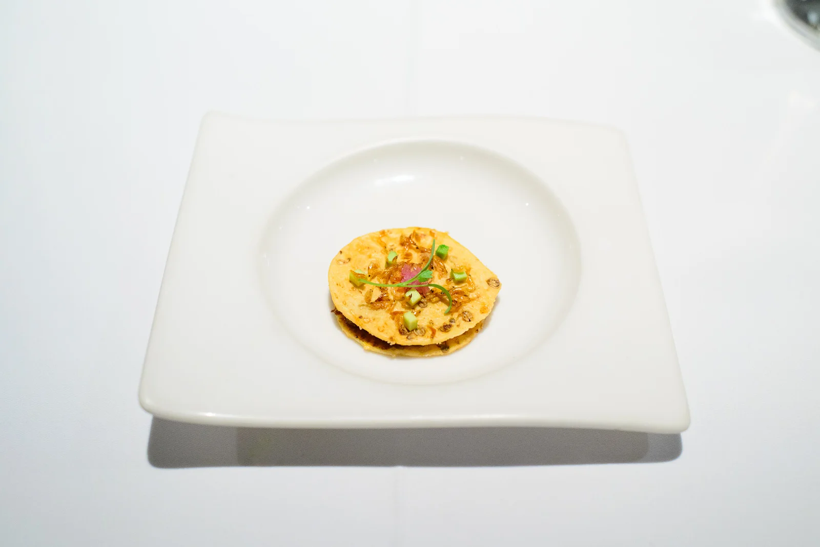 1st Course: Tostada de semilla de cilantro, salsa chintextle, mi