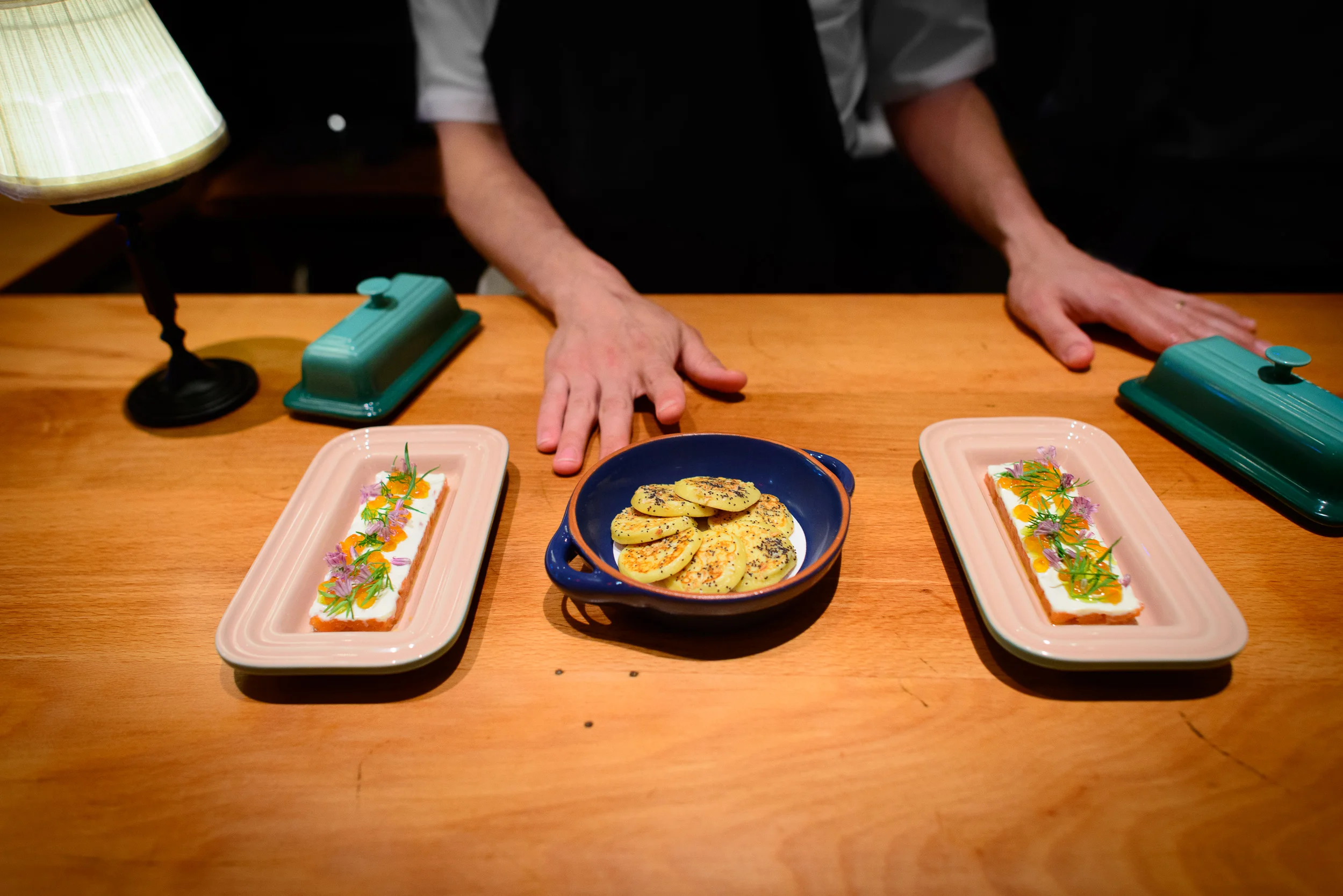7th Course: Salmon tartare, salmon roe, "everything" blinis