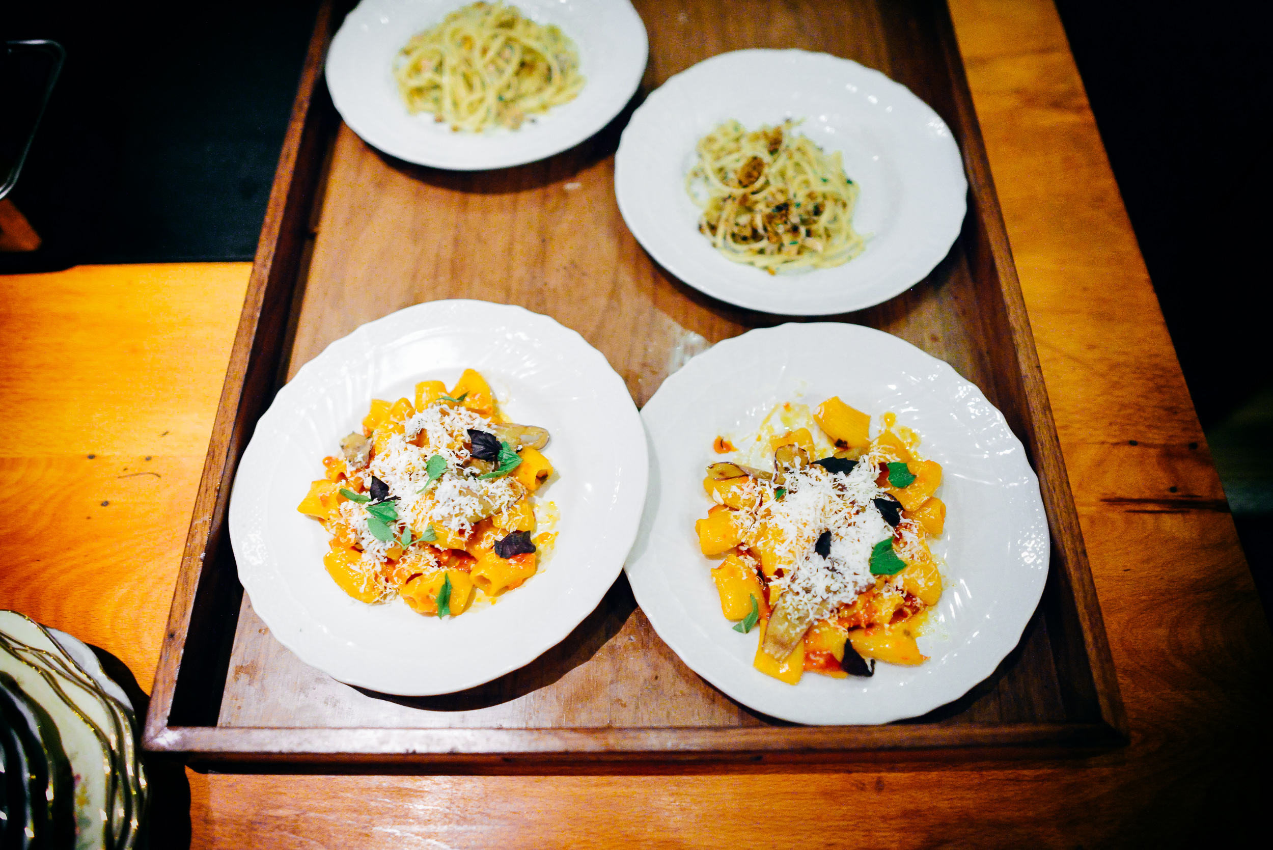 House-made pastas: Linguine with clams, burnt pizza dough crumb;