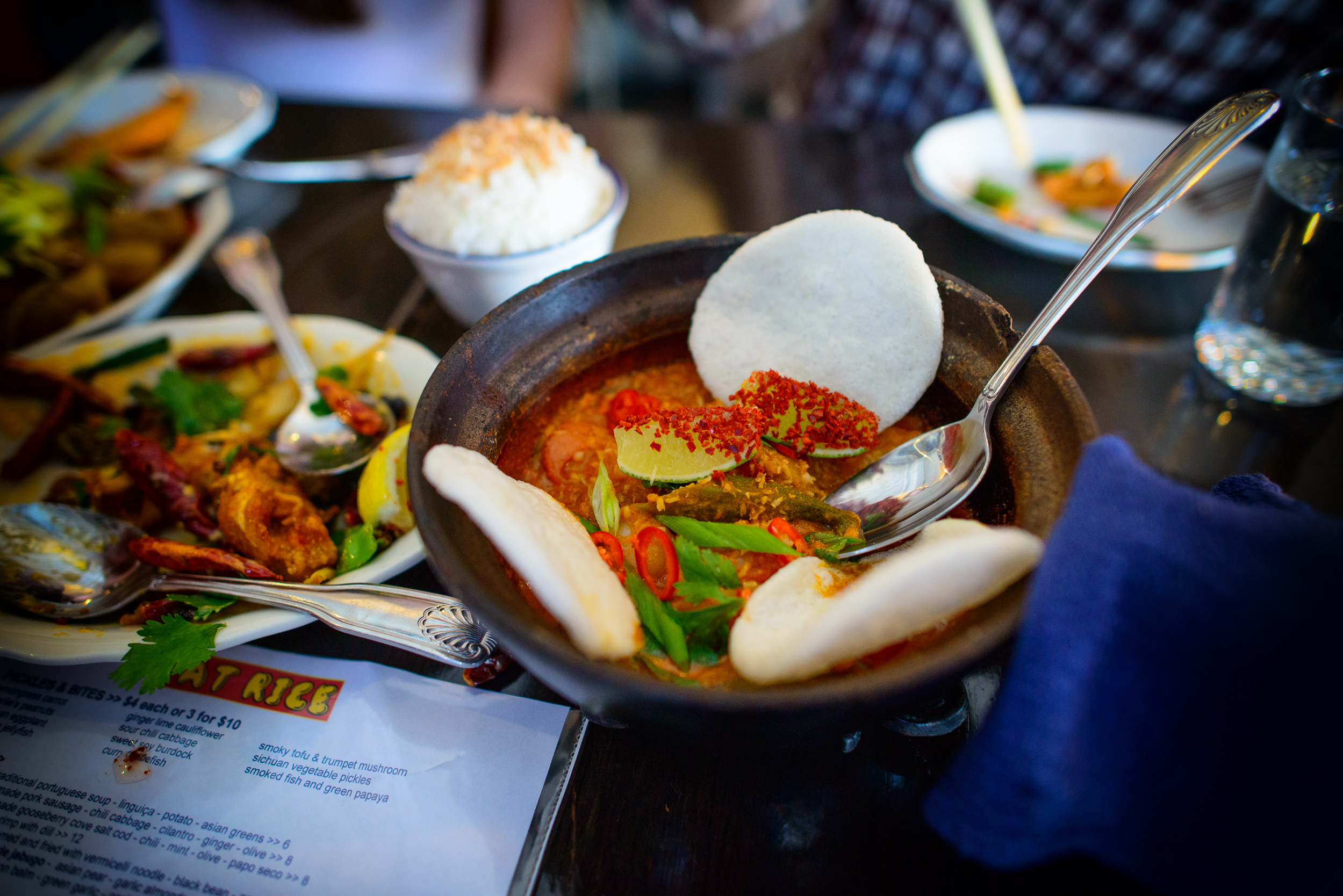 Malay fish curry: sweet potato, okra, long bean, preserved plums