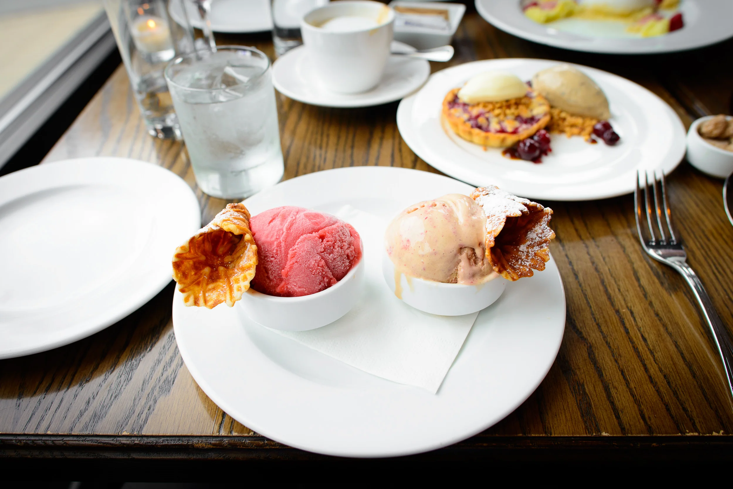 Bourbon caramel ice cream and strawberry sorbet with vanilla con
