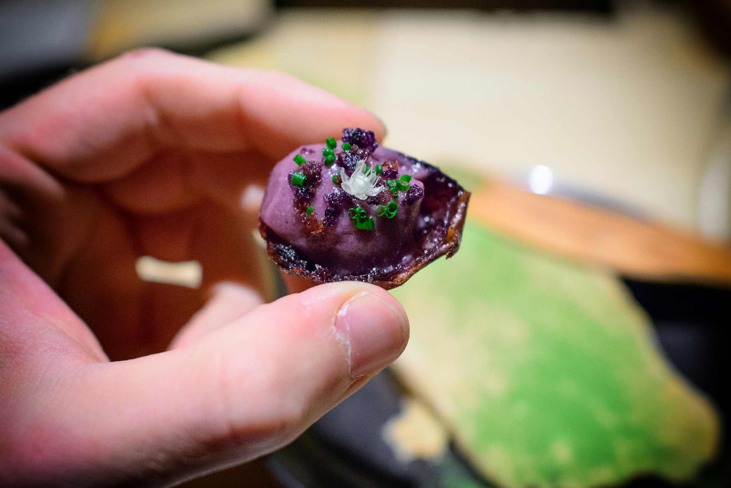 2nd Course: Frozen baked potato (purple potato mouse, chives)