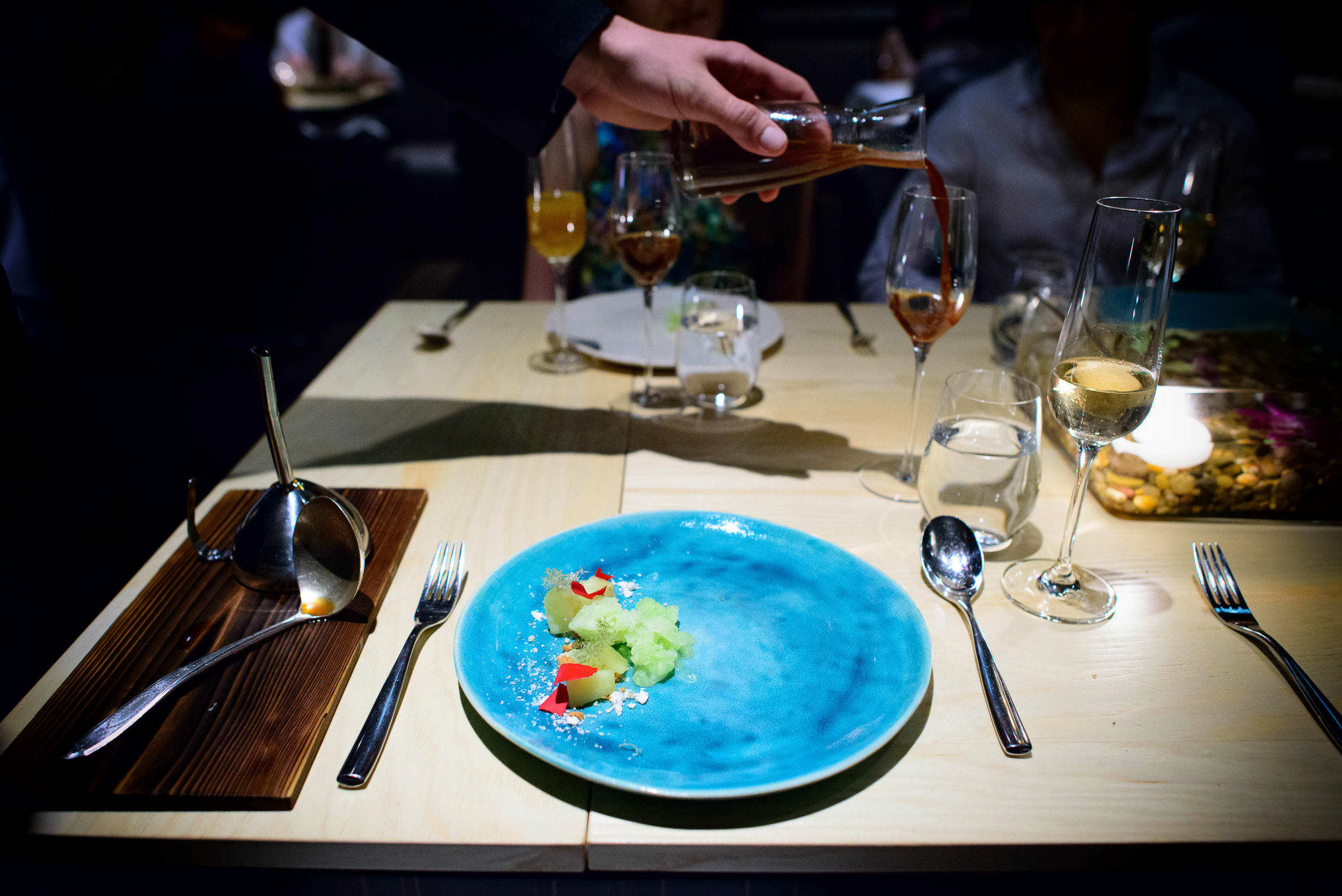 7th Course: Fermented apples and Lichen (apple sorbet, rose peta