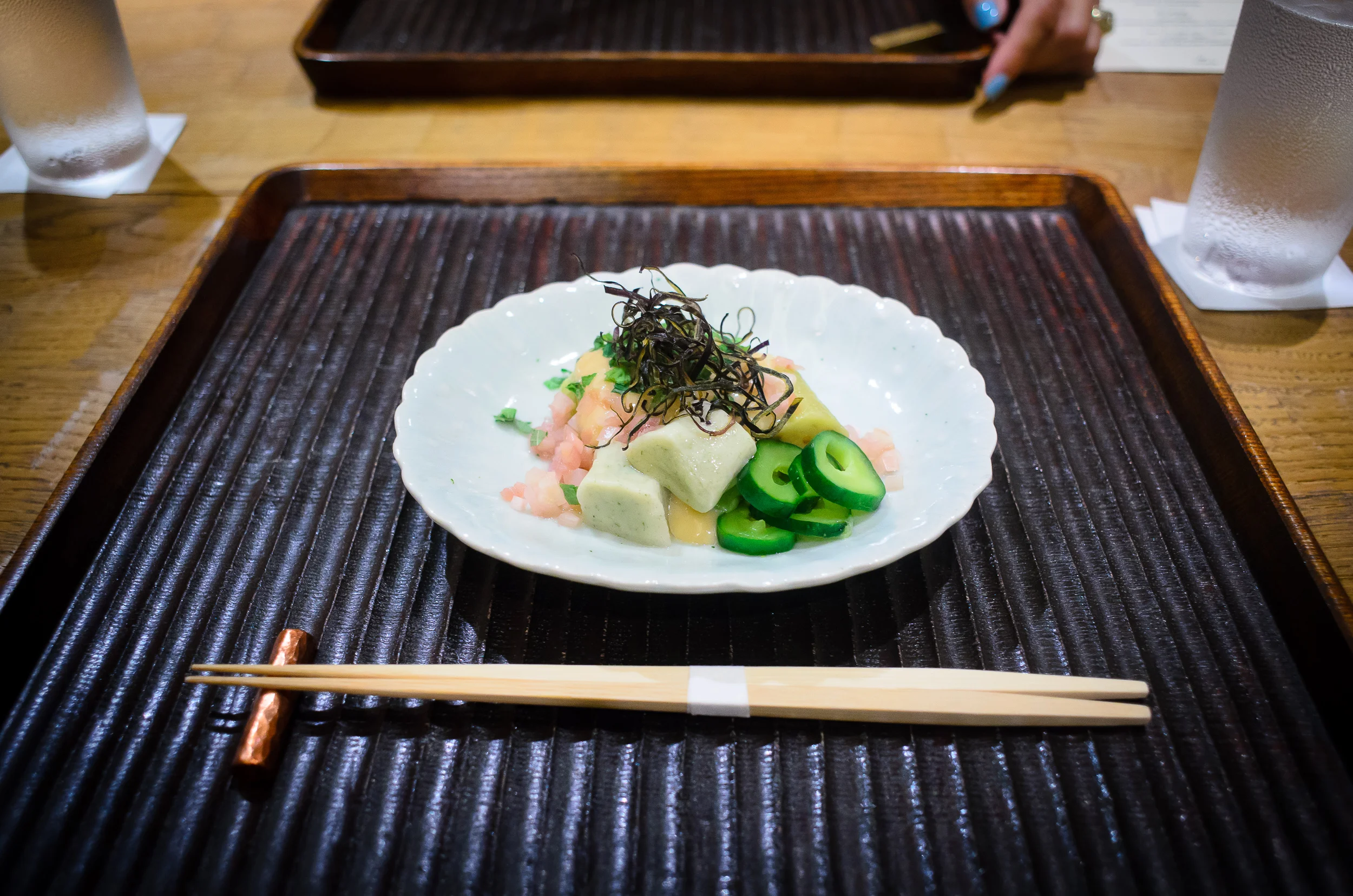 1st Course: Chilled eggplant with polka dot cucumber, nori-fu, m