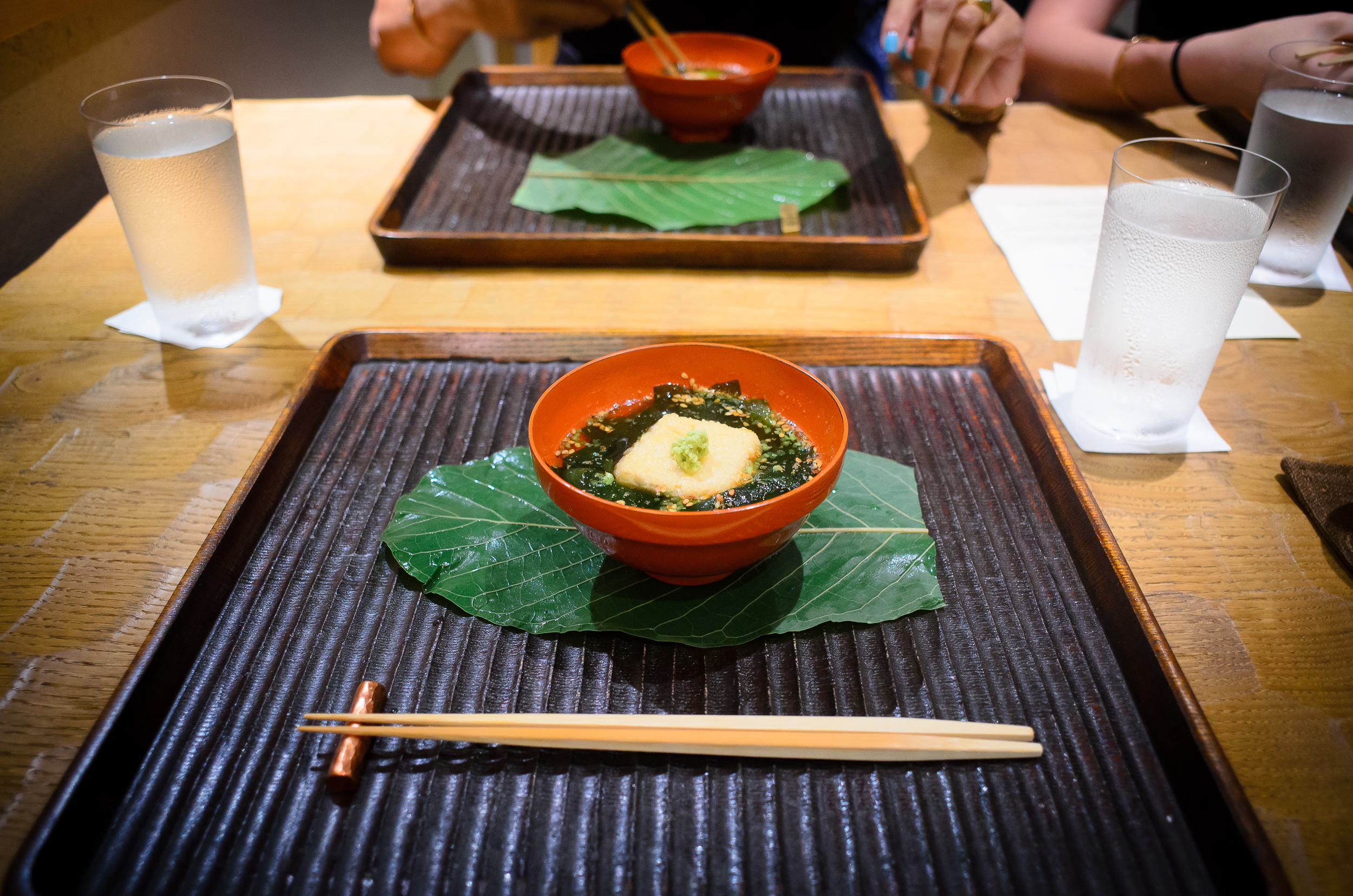 2nd Course: Wakame soup with house-made sesame-tofu, wasabi