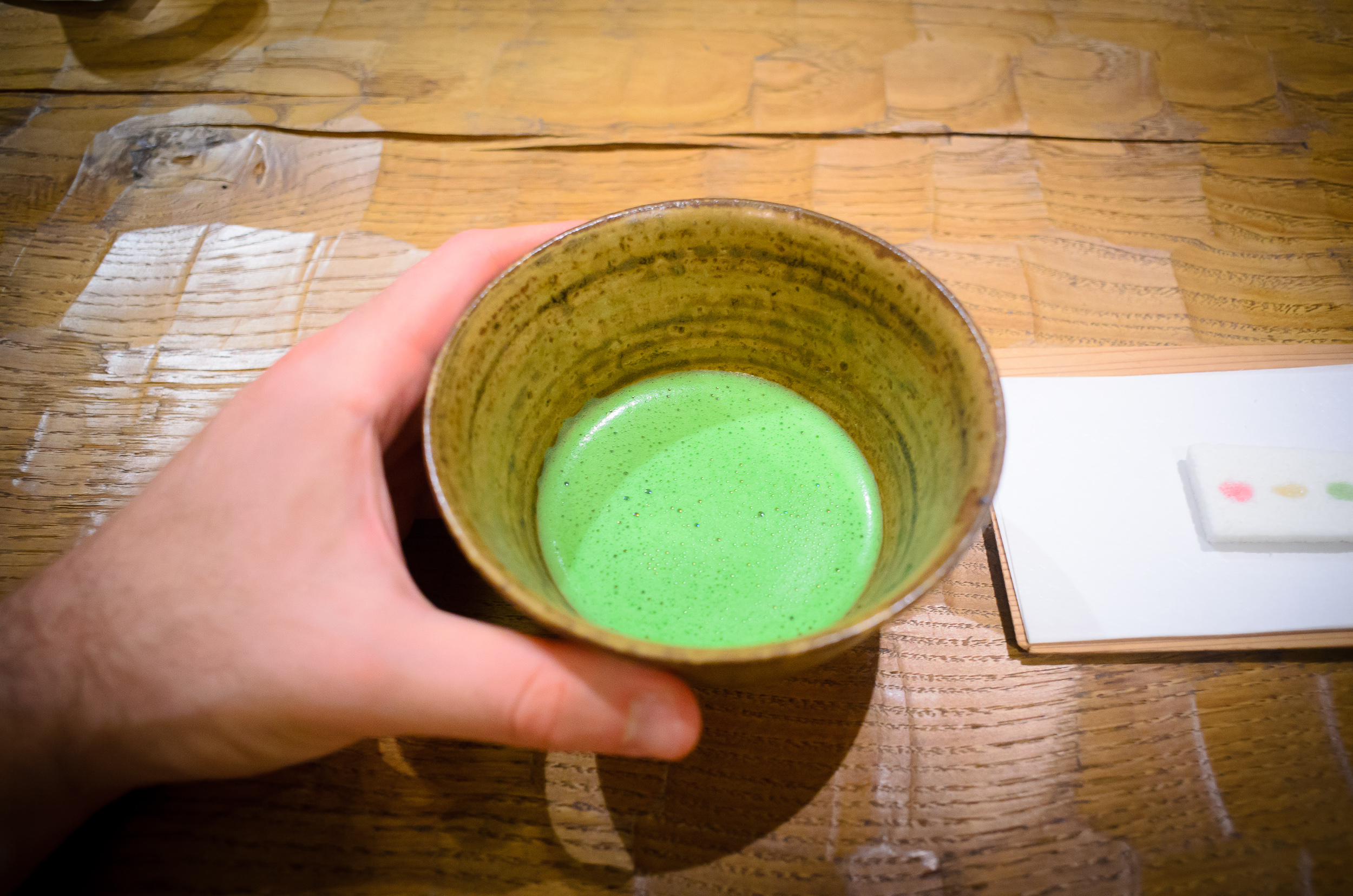 9th Course: Matcha green tea with candies by Kyoto's kagizen-yos