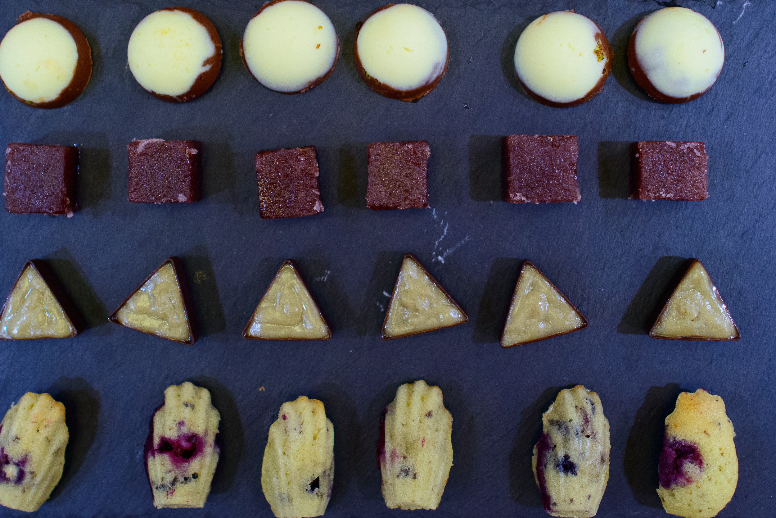 11th Course: Blueberry financier, sweet potato and banana truffl