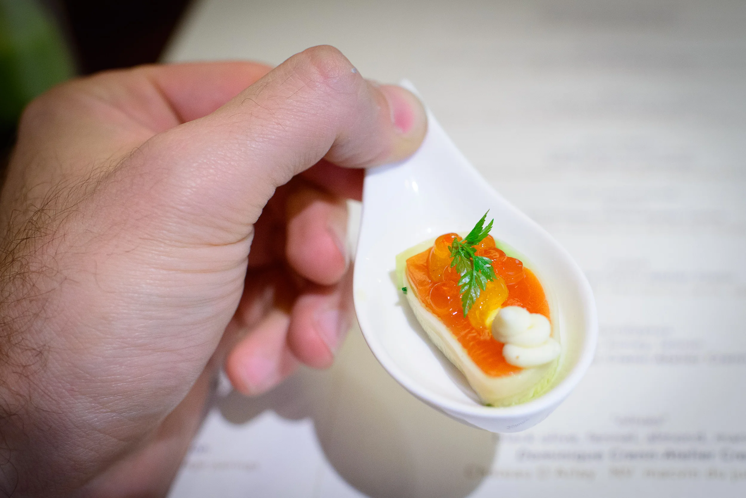 Snack 2: Cured sockeye salmon, roe, candied orange