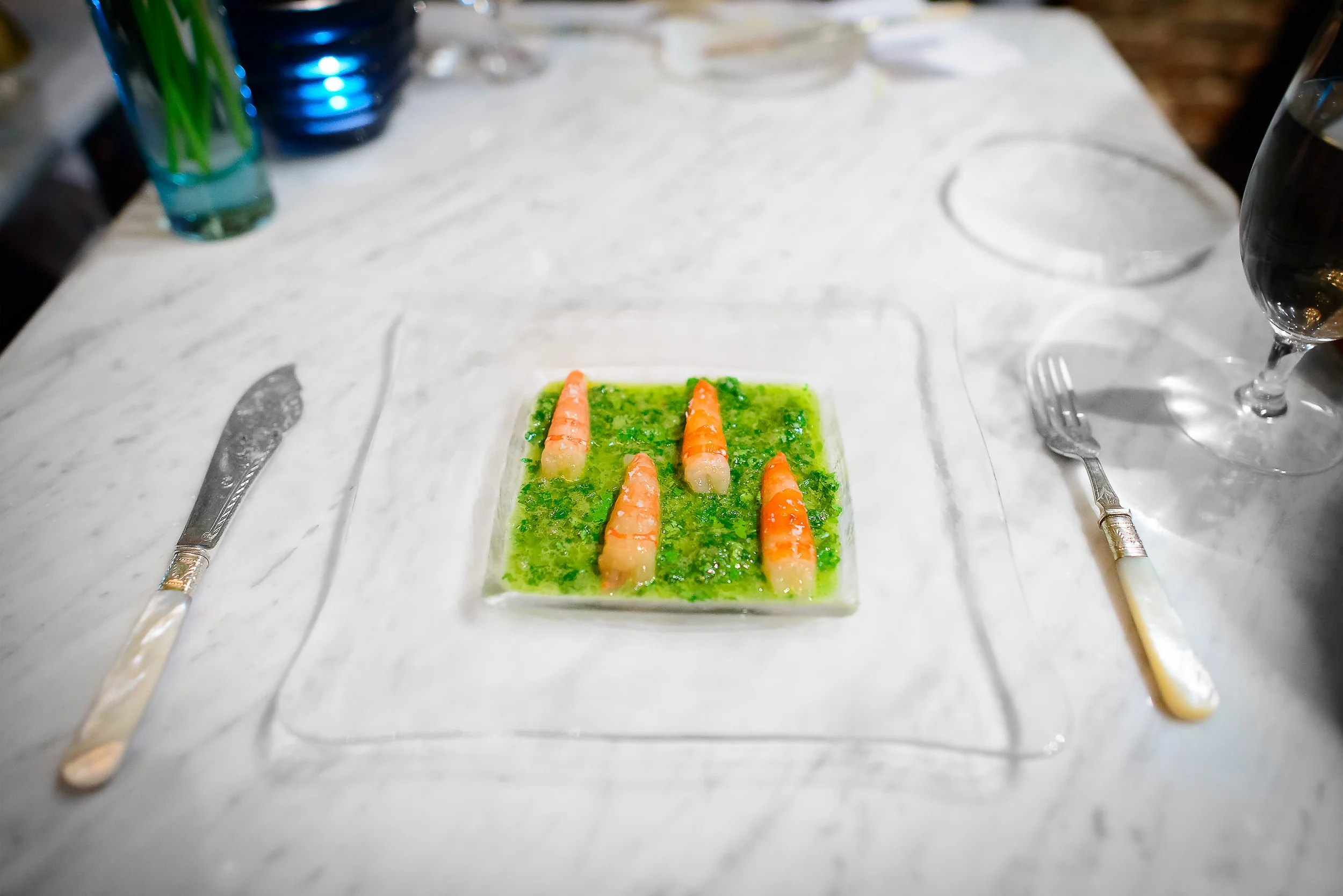 Ceviche of spot prawn, serrano chile, and fried shrimp heads