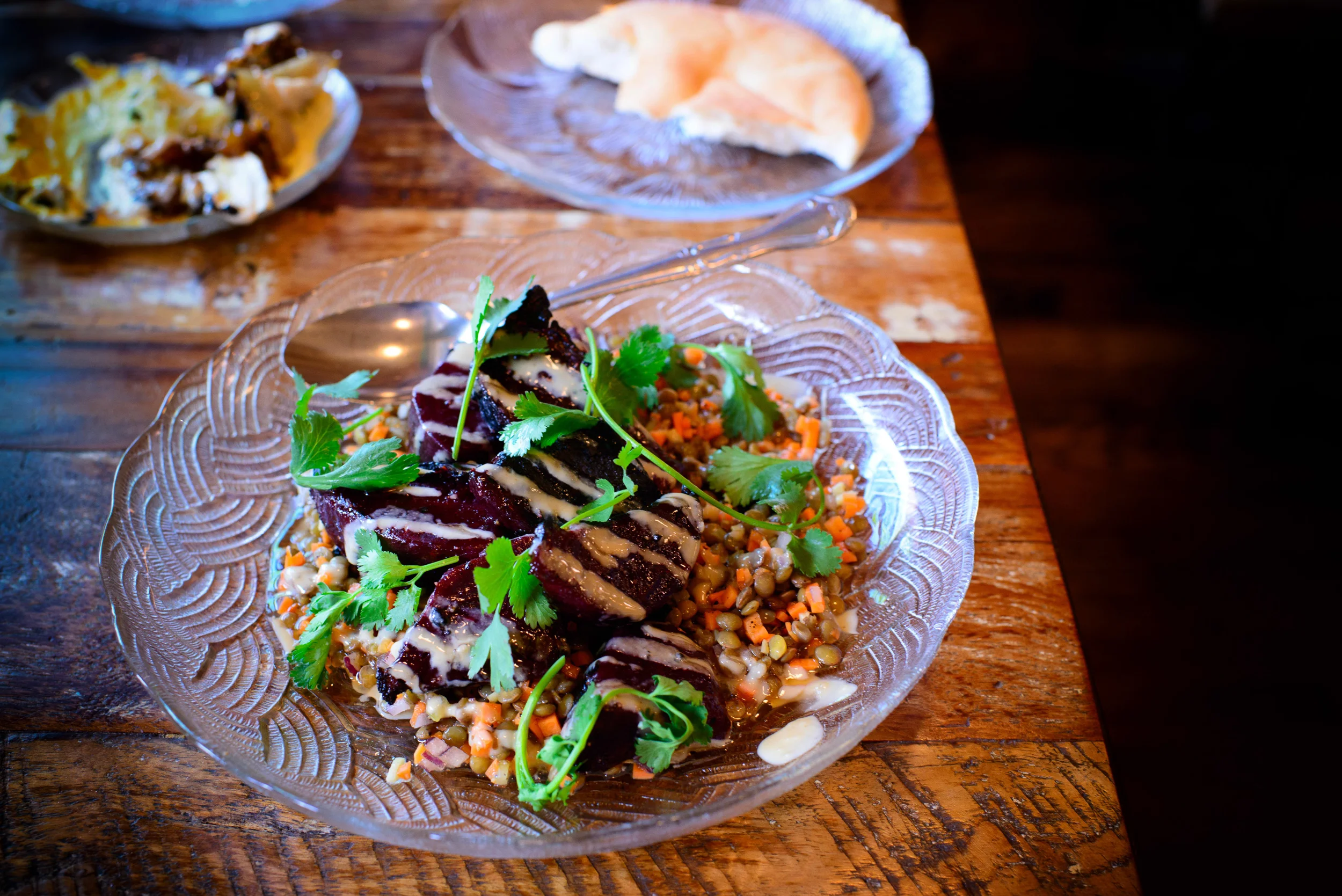 Charred beet and lentil salad, tahini, date-honey sauce ($11)