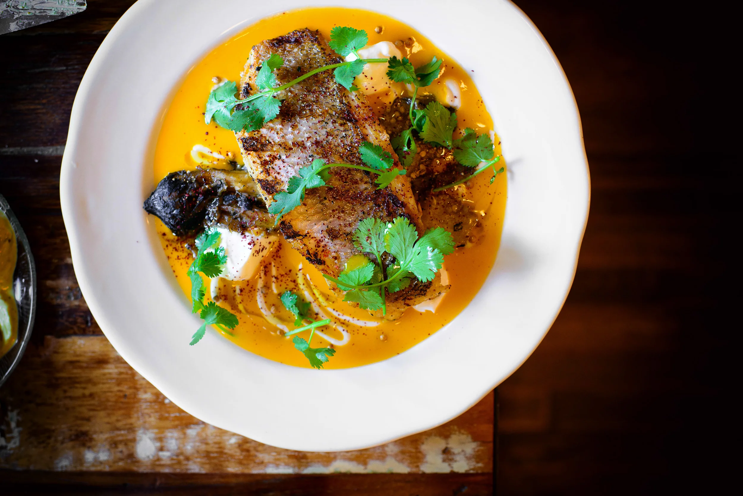 Red snapper, yogurt, egg plant, cilantro