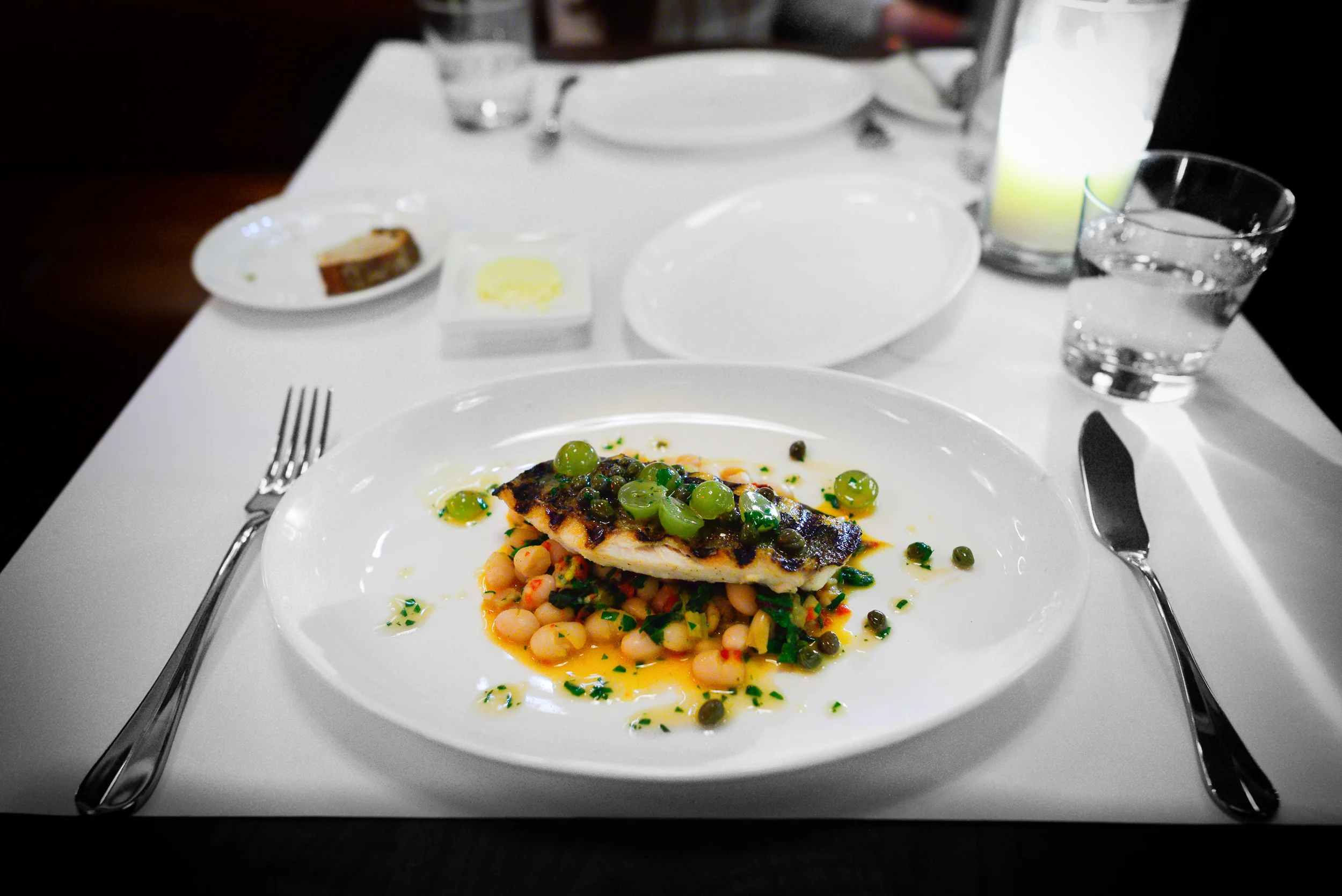 Wood-Fired Dorade, beans en cocotte, muscat grapes ($30)