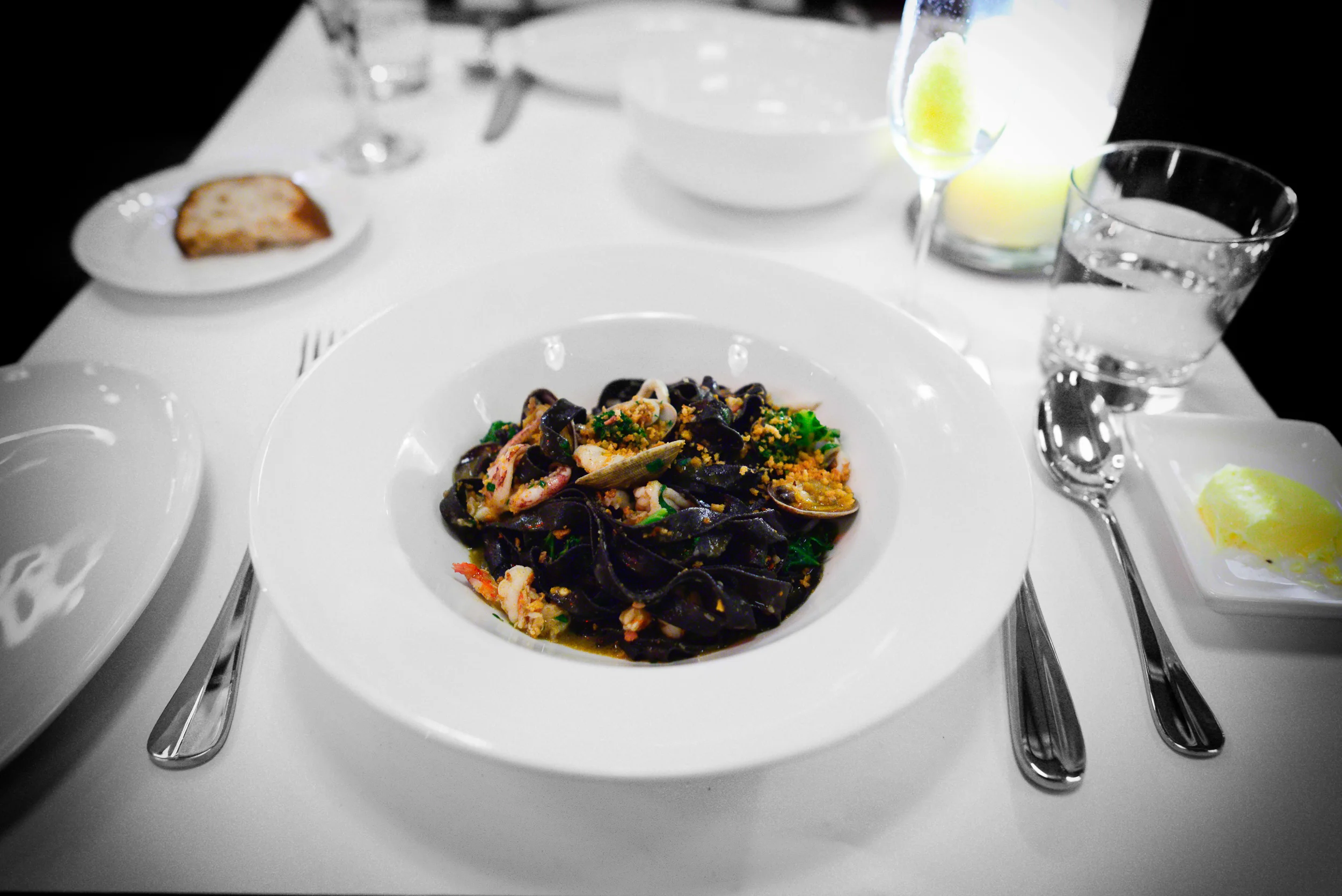 Linguine Noir with seafood and chorizo ($25)