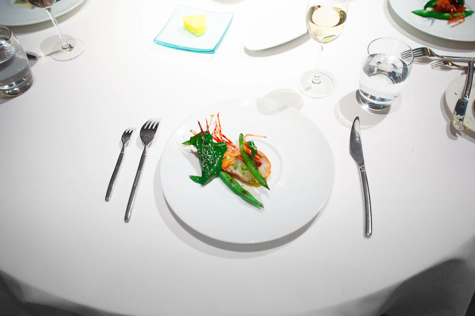 6th Course: Fava beans and spot prawn on the plancha, seaweed bu