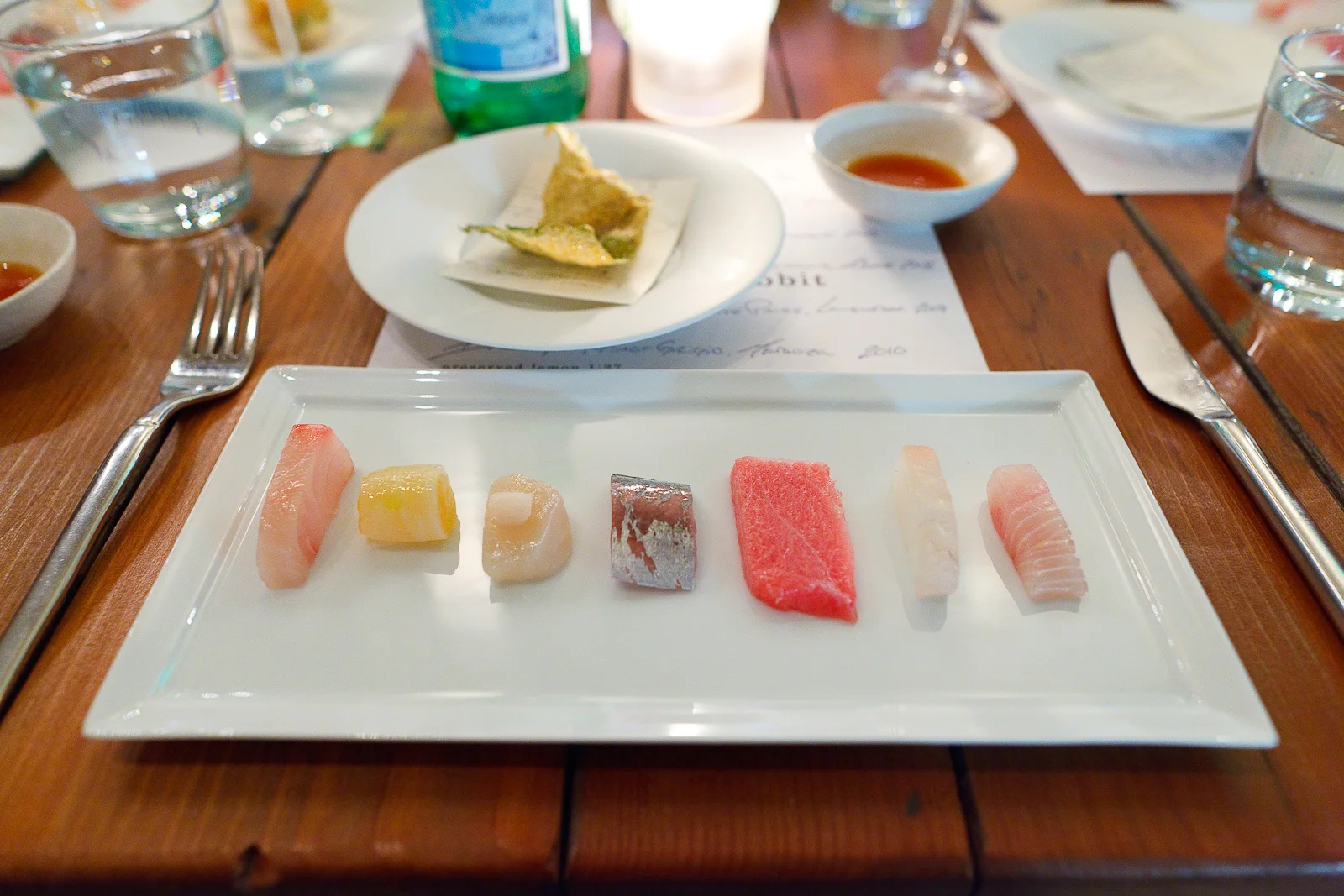 2nd Course: Flight of fish - Red sea bream, lobster tail wrapped in white radish, scallop, horse mackerel, ahi tuna belly, striped jack, amber jack.