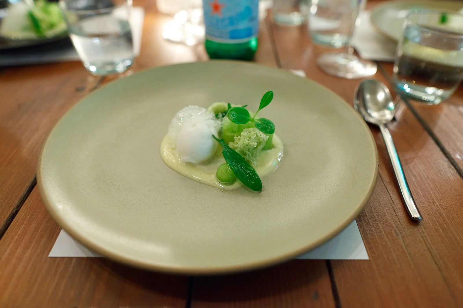 8th Course: Melon, sparkling vanilla sorbet, shiso cake