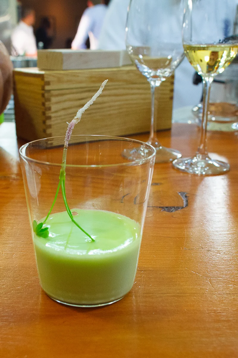 1st Course: Wood sorrel soda, crystalized oxalis