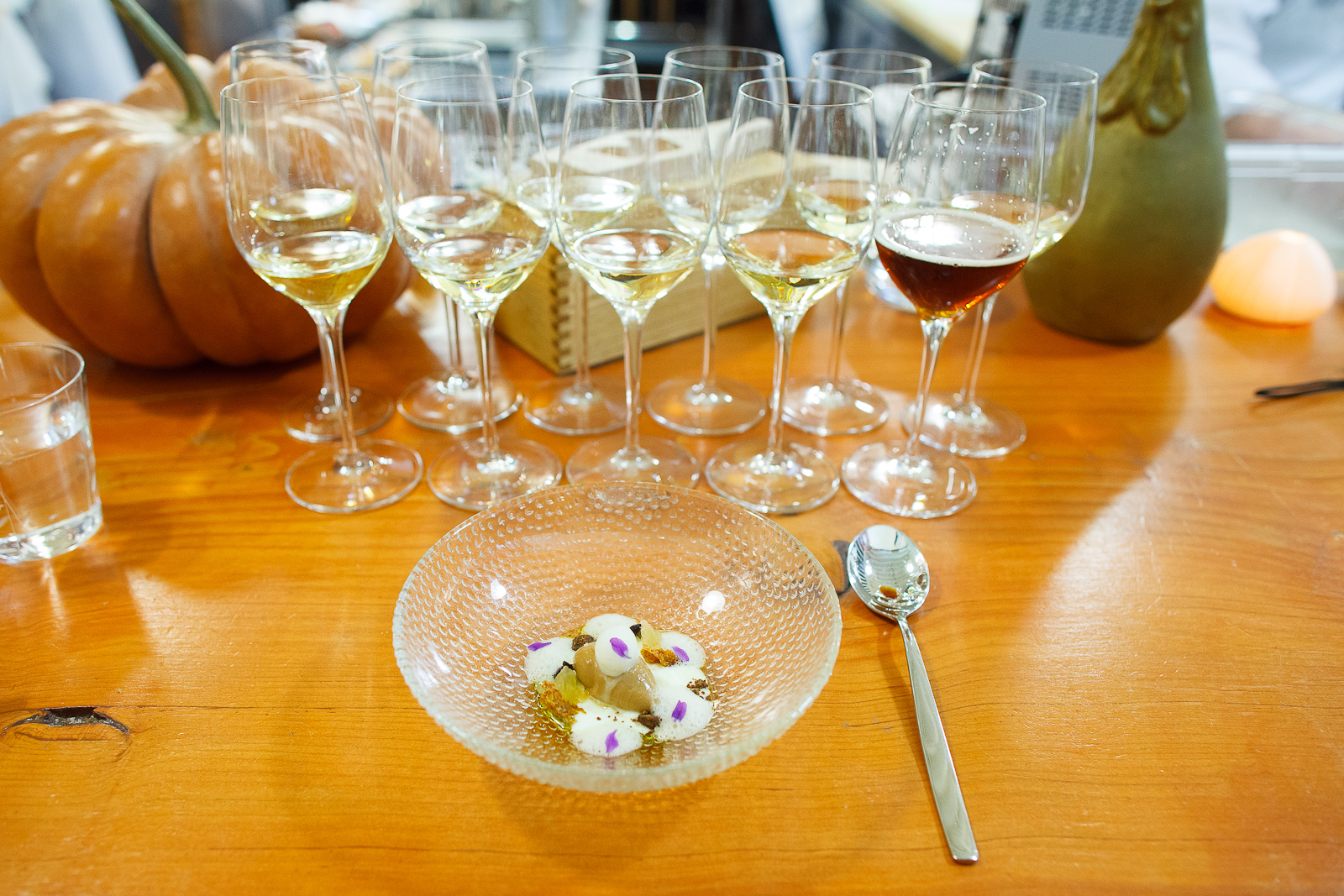 16th Course: Foie gras toffee, milk, bread, beer, fragrant viole