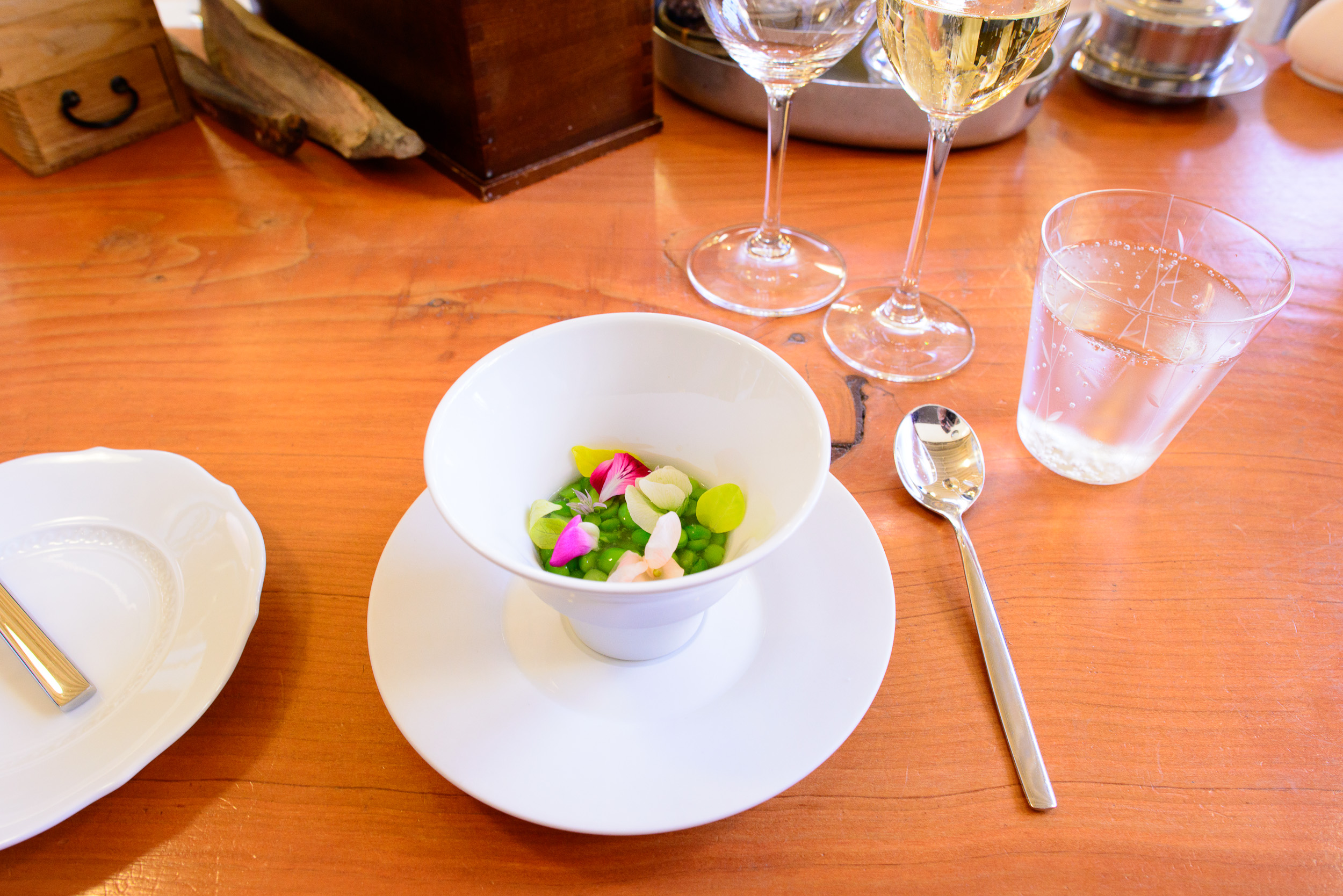 2nd Course: Grilled Peas and Parmesan, pea bean flowers