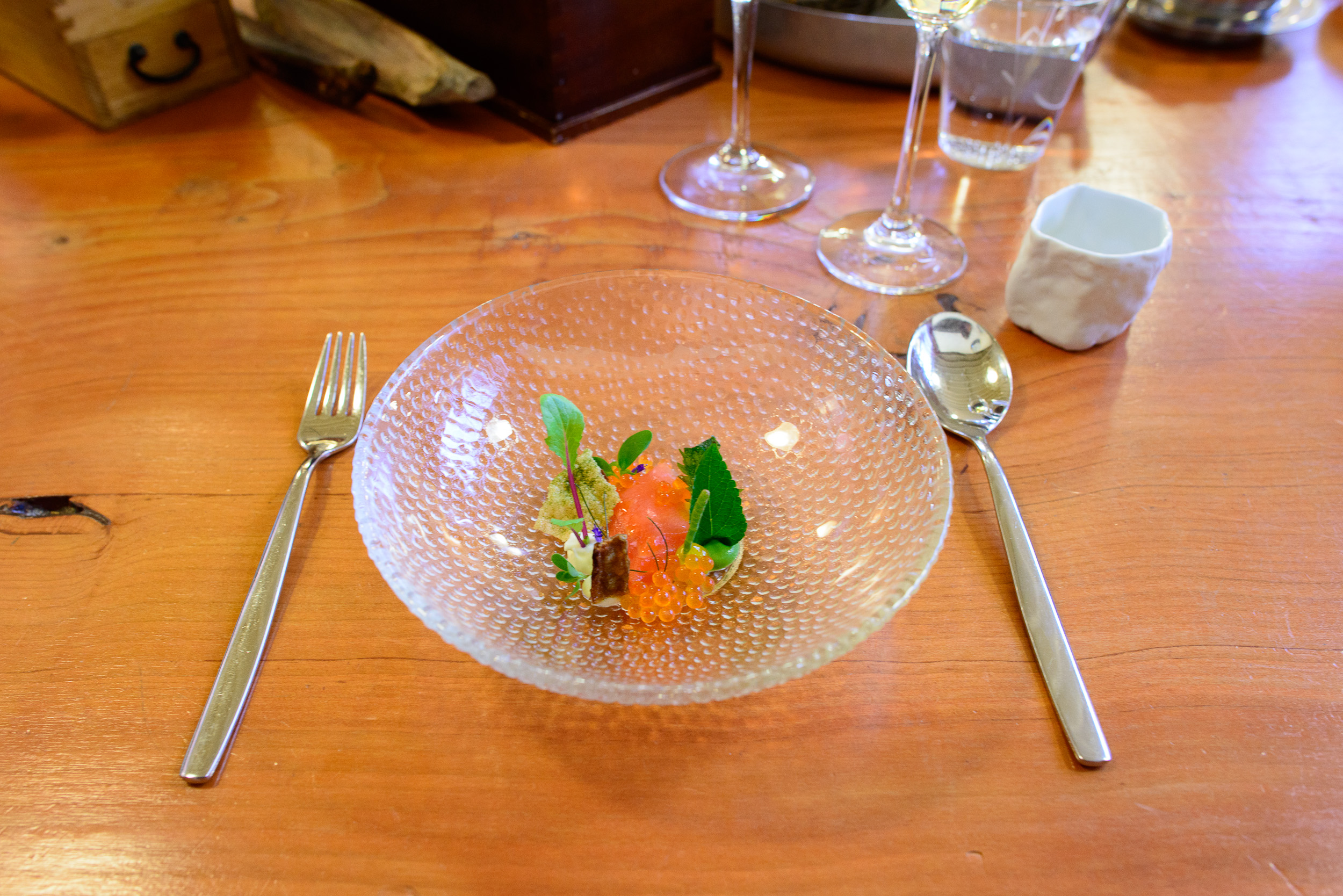 10th Course: Wild nettles, Pacific king salmon (cured and smoked