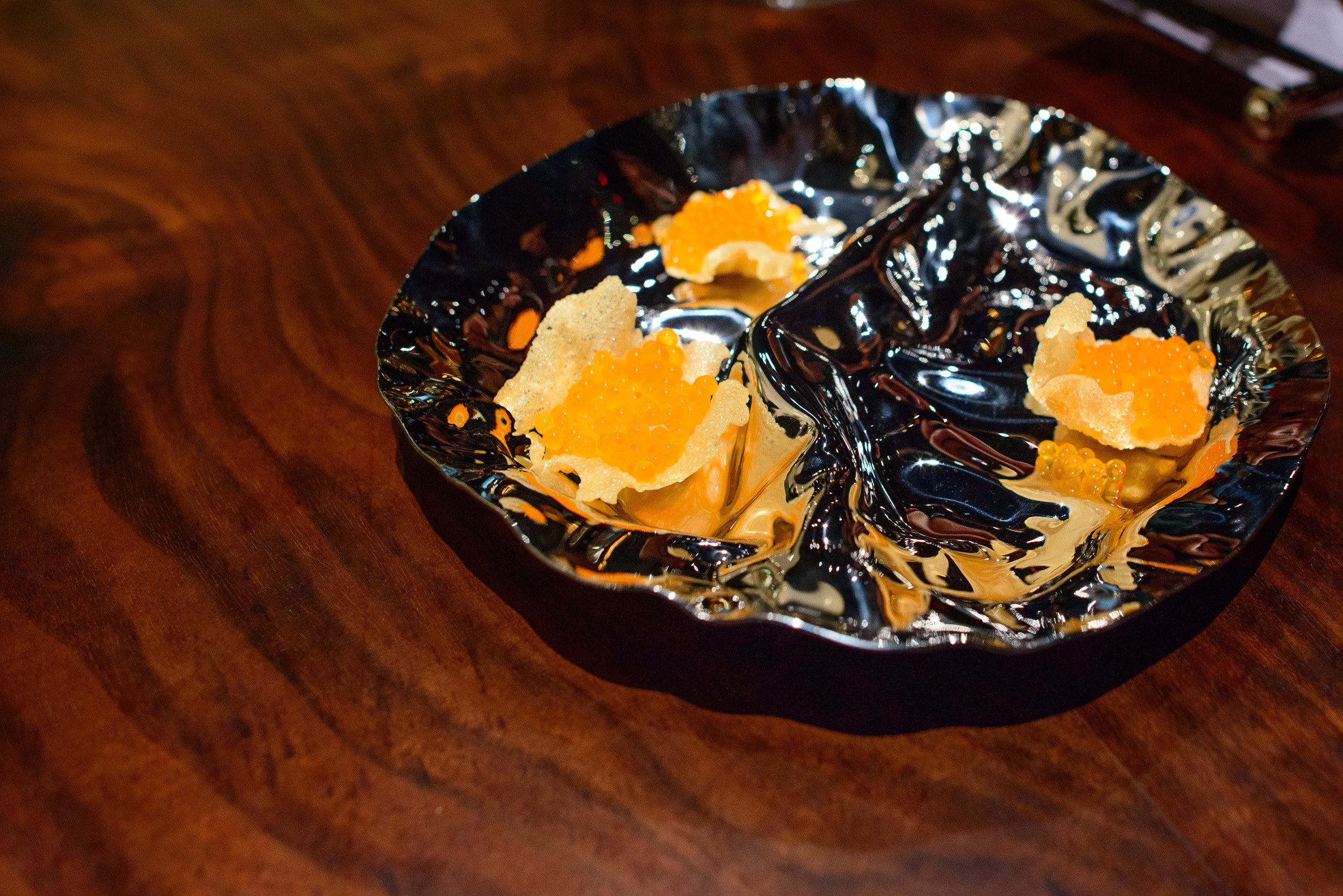 6th Course: Golden trout roe marinated in a bouillon of its gril