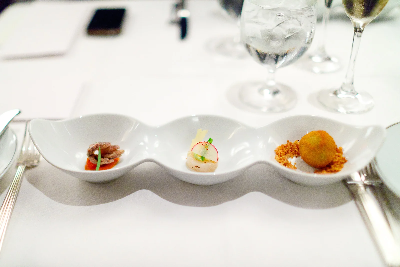 Canapes: Squid in fra diavolo, ceviche, arancini