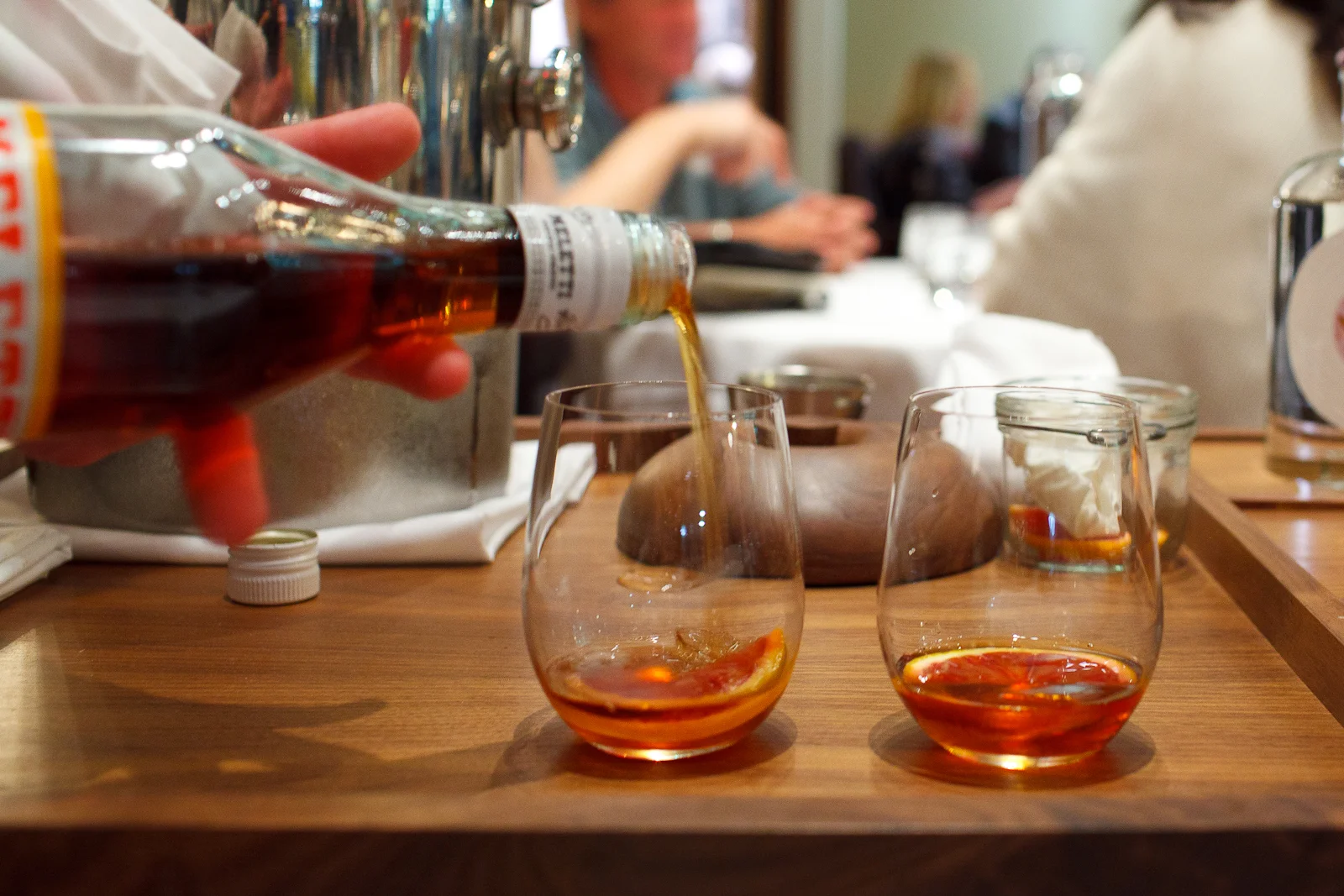 Meletti Amaro over a wedge of blood orange and ice