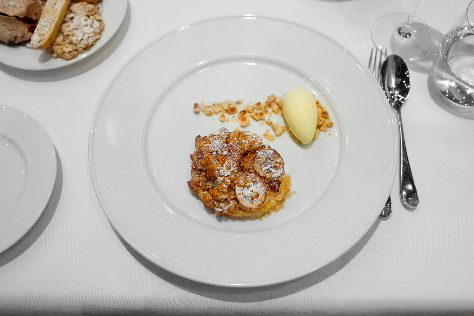 8th Course: Sfogliata - house-made puff pastry, brown butter-hazelnut frangipane, banana hazelnut crumble, custard gelato