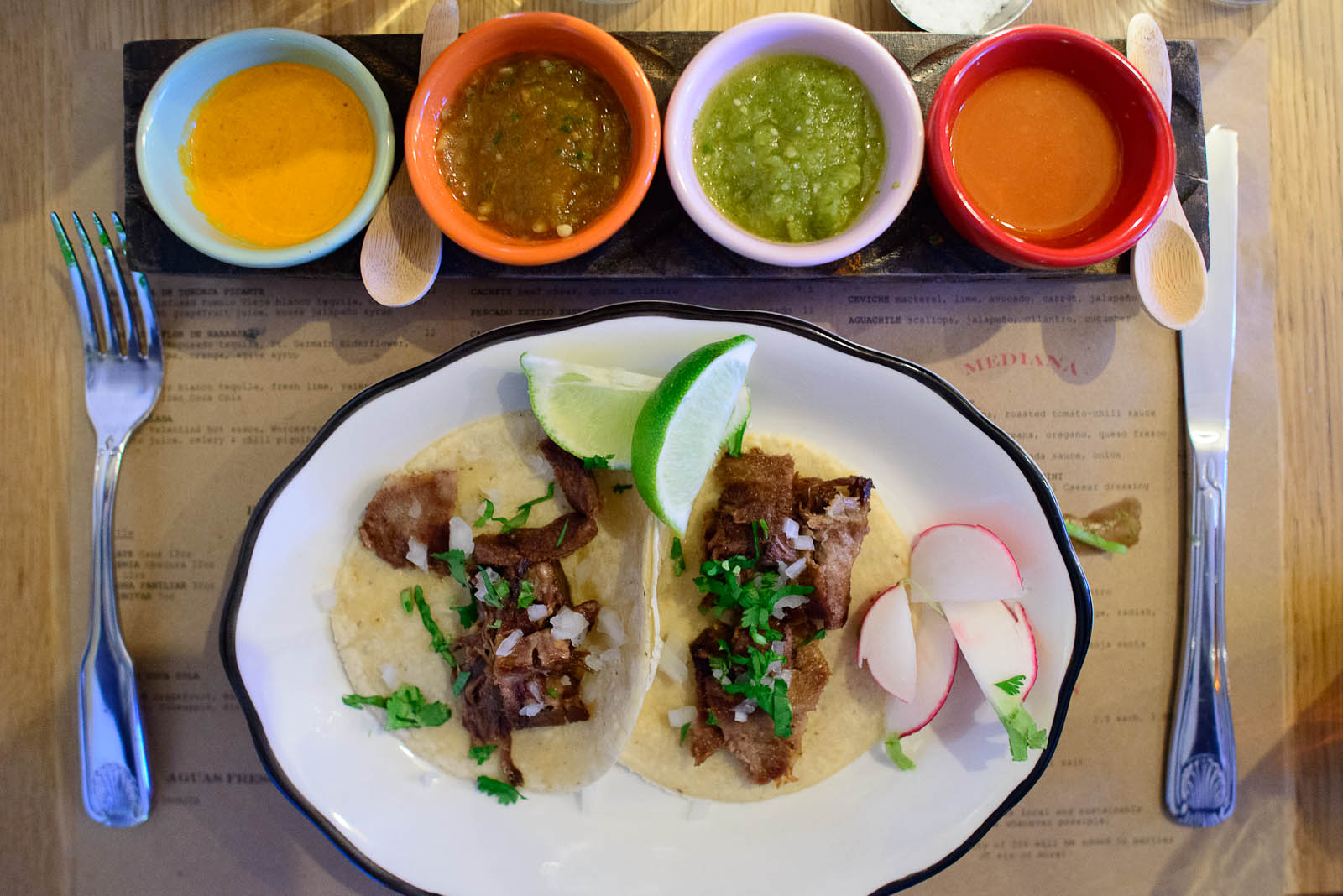 Tacos de lengua (tongue), onion, cilantro, radish with salsas (s