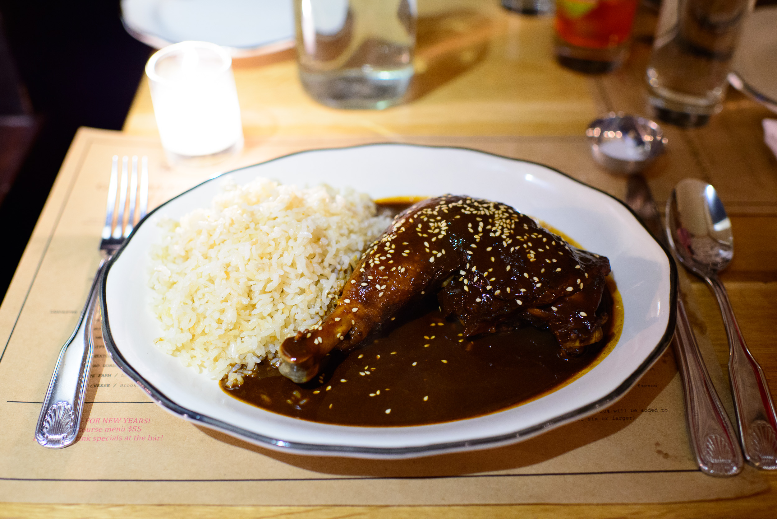 Mole poblano - braised and poached turkey, chipotle, ancho, mula