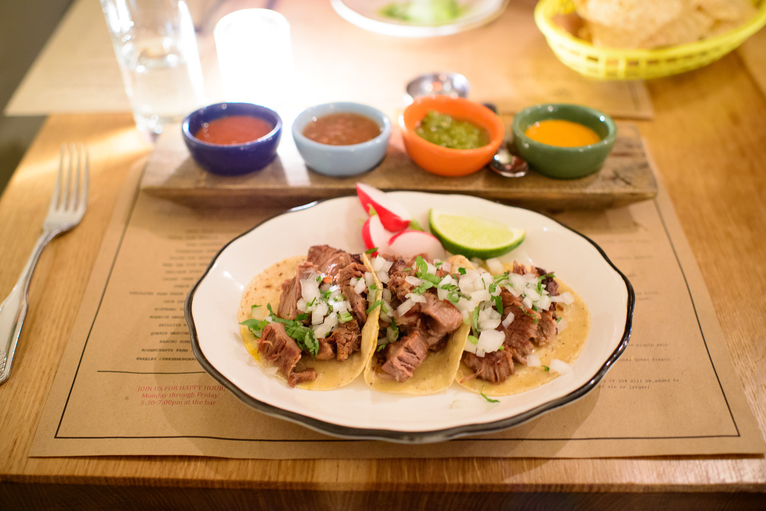 Tacos de suadero - beef brisket, onion, cilantro ($7)