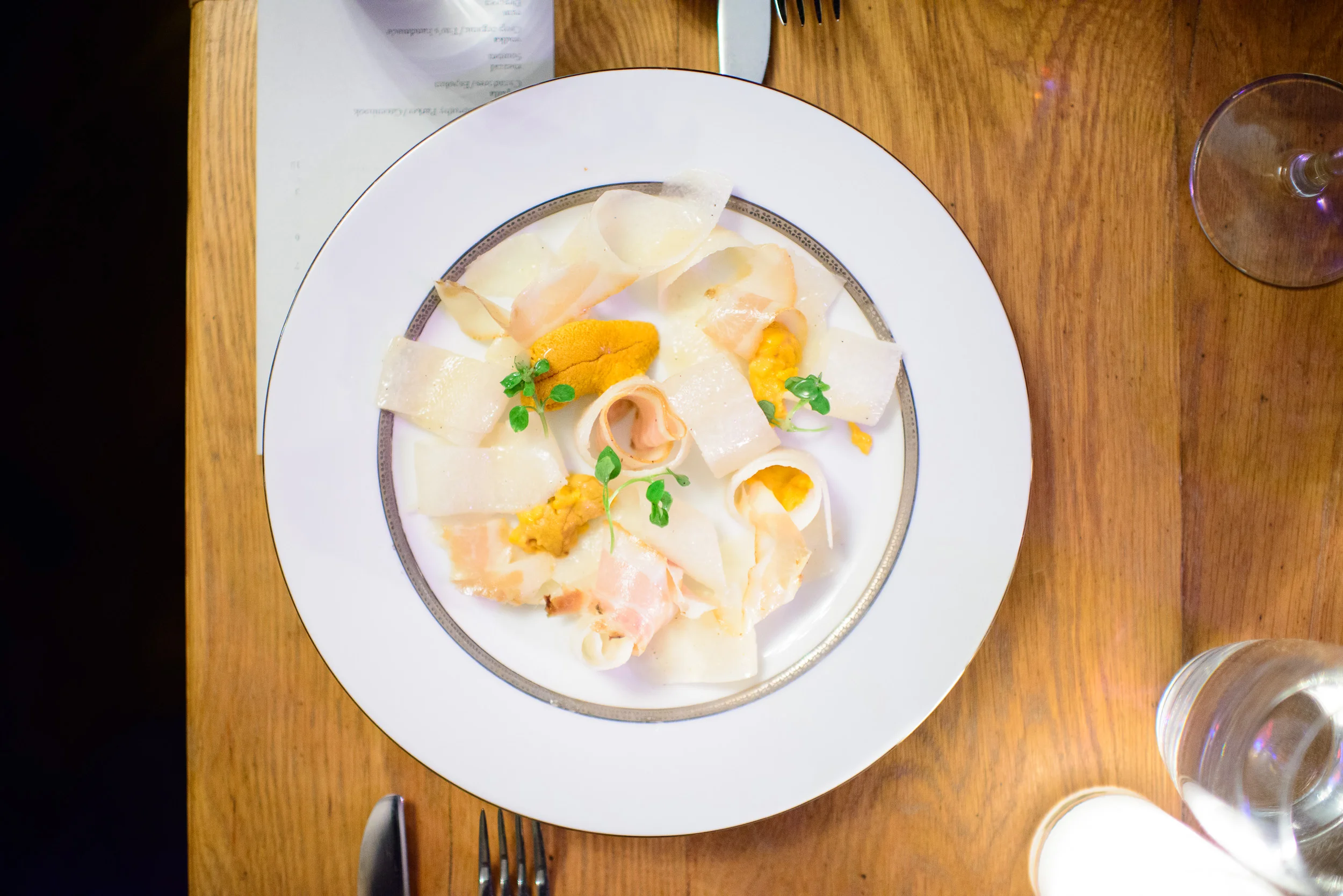Jicama - smoked jowl, coconut, uni ($15)