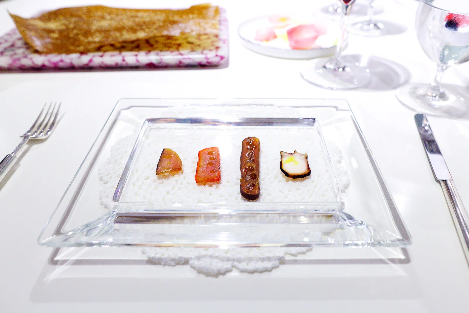 1st Course: Table of delicatessens, salt-cured and sun dried fish roes: bonito, lingfish, sea bass, and octopus