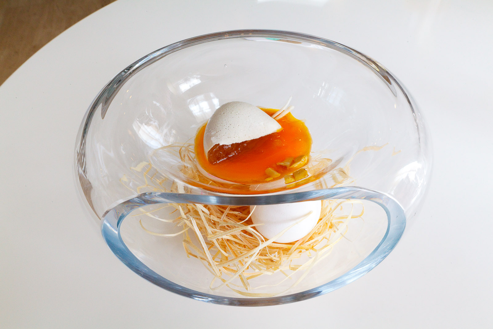 18th Course: "Which came first?" - Chicken stock and egg yolk poured out when sliced.