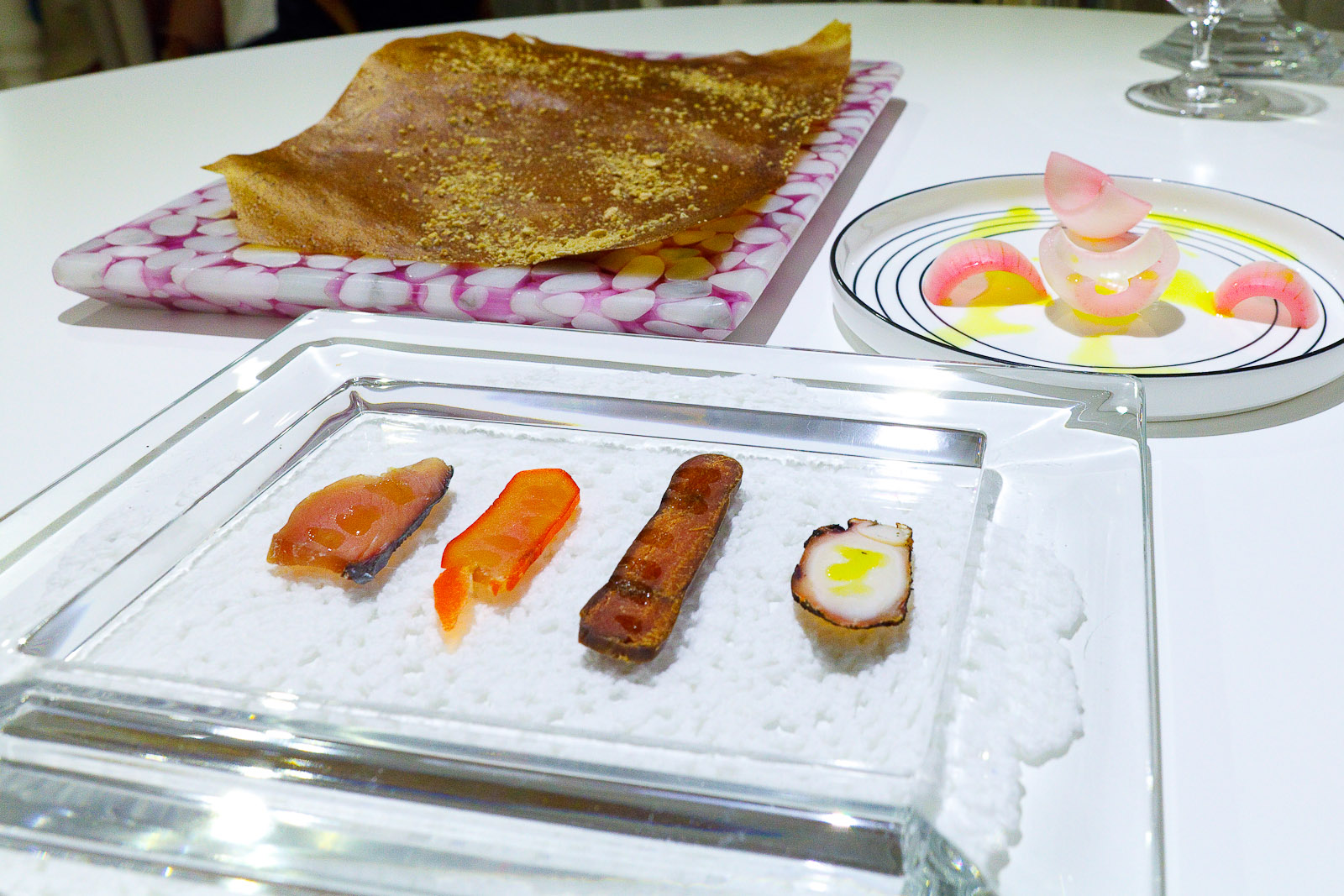 1st Course: Table of delicatessens, salt-cured and sun dried fish roes: bonito, lingfish, sea bass, and octopus