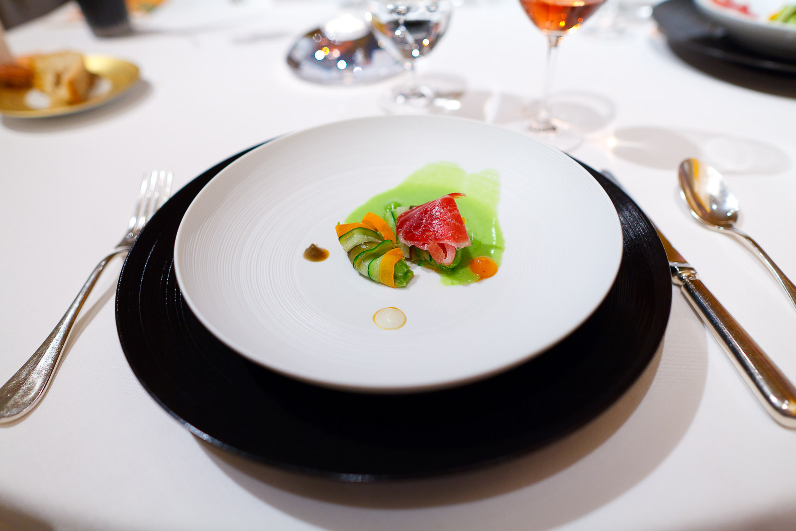 4th Course: Vegetable ravioli and joselito ham - with carrot, daikon, aubergine, courgette