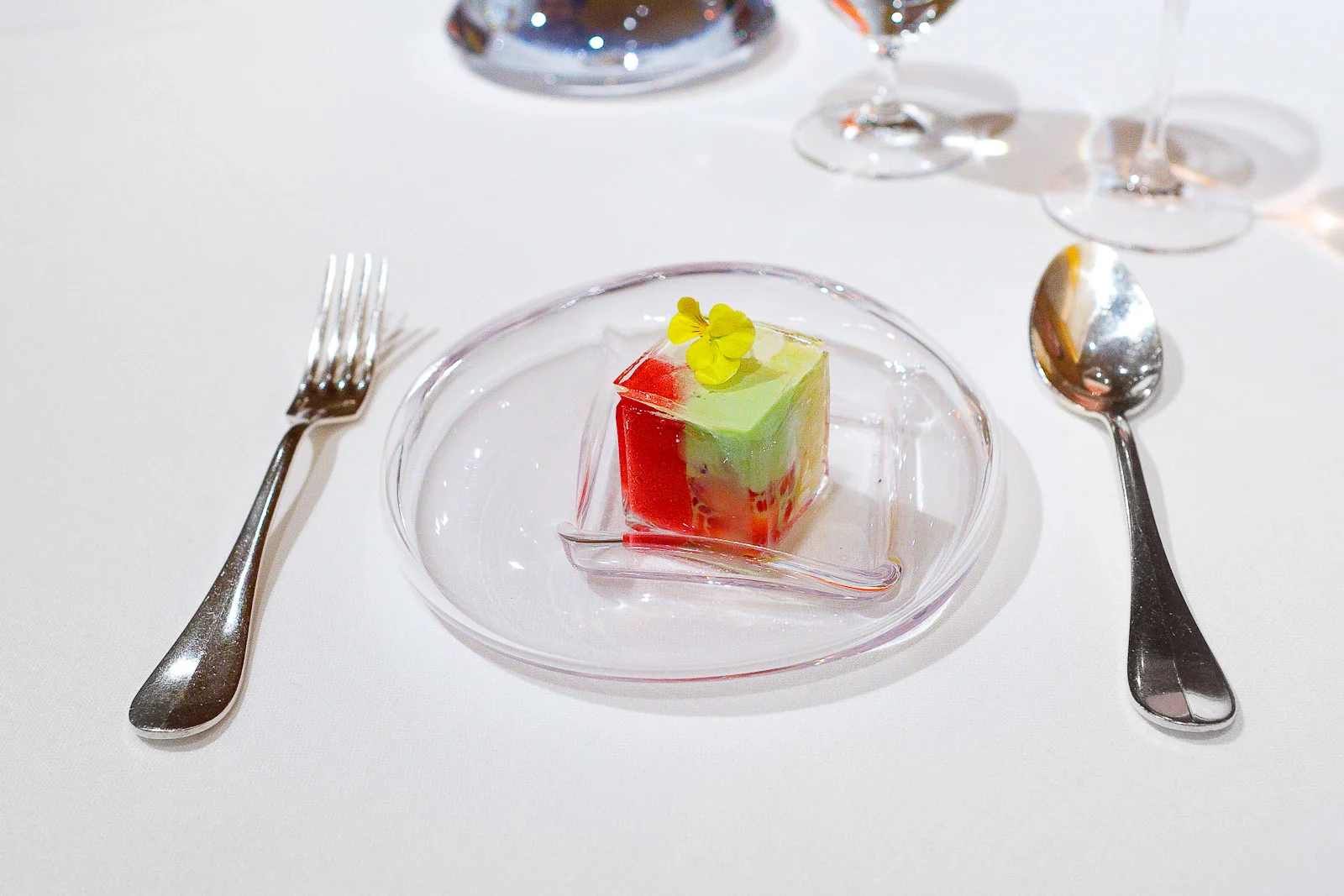8th Course: Transparent cube, berries, shiso, raspberries