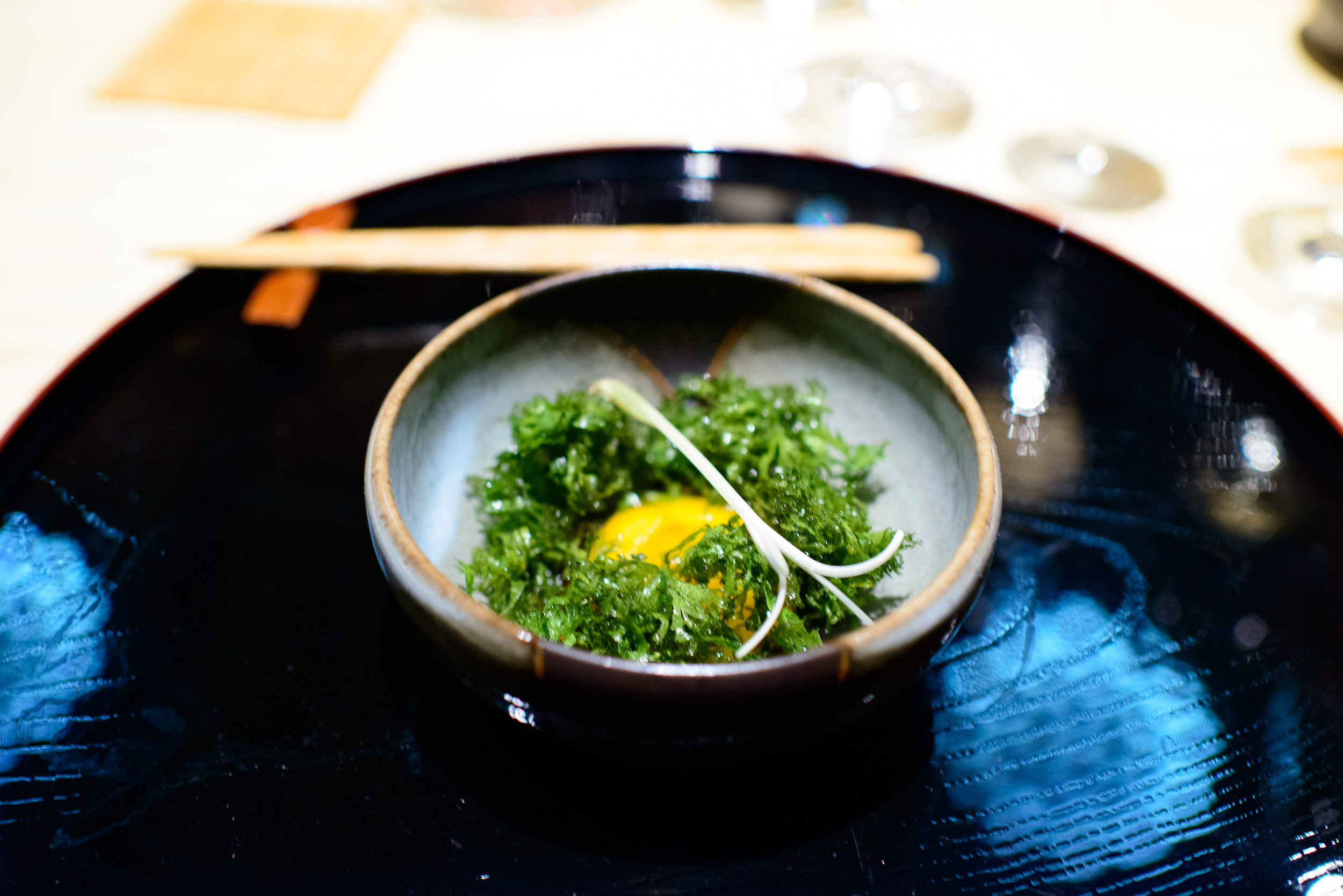 9th Course: Ayu, wasabi leaf, cured yolk (paired with catherine